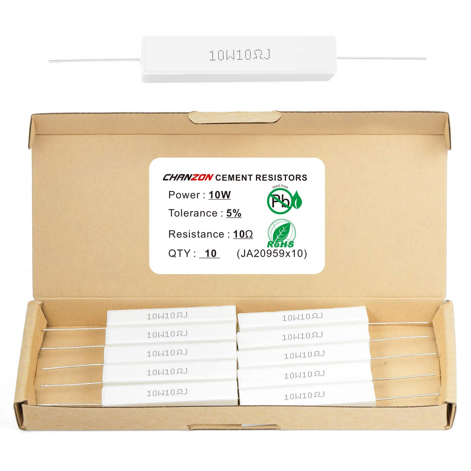 10Pcs 10W Ceramic Cement Resistor 10 O Ohm ±5% Tolerance Wirewound Induction 10