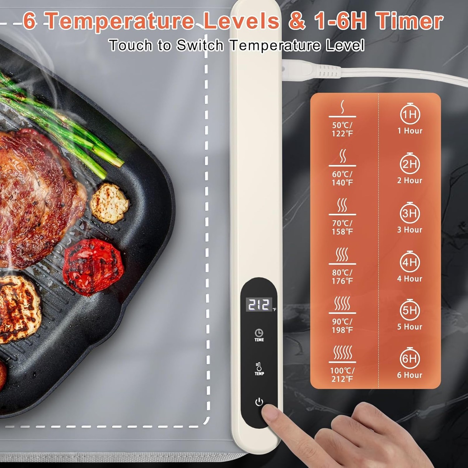 Food Warming Mat with Heat Resistant Pad, 6 Heat Settings, 6H Timer, Portable