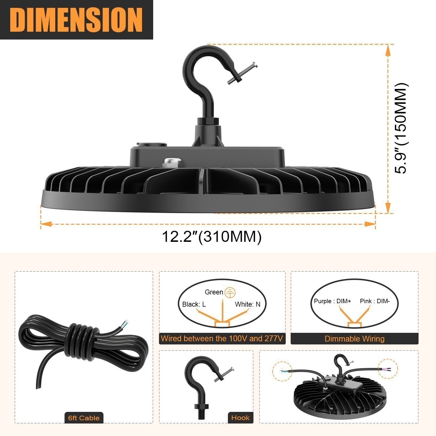 150W UFO High Bay Light 21000lm Commercial Warehouse Lighting (Eqv.600W MH/HPS)