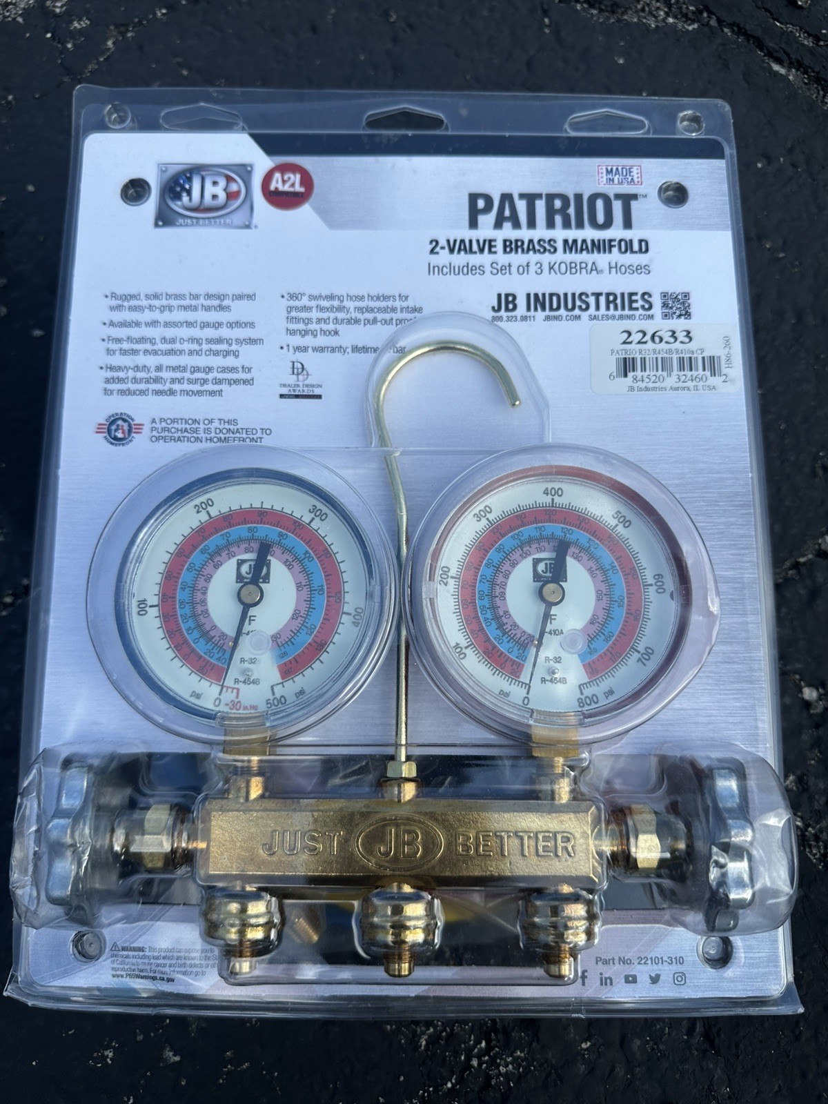 JB Industries Patriot 22233 Brass 2-Valve Manifold Gauge Set with Kobra Hoses