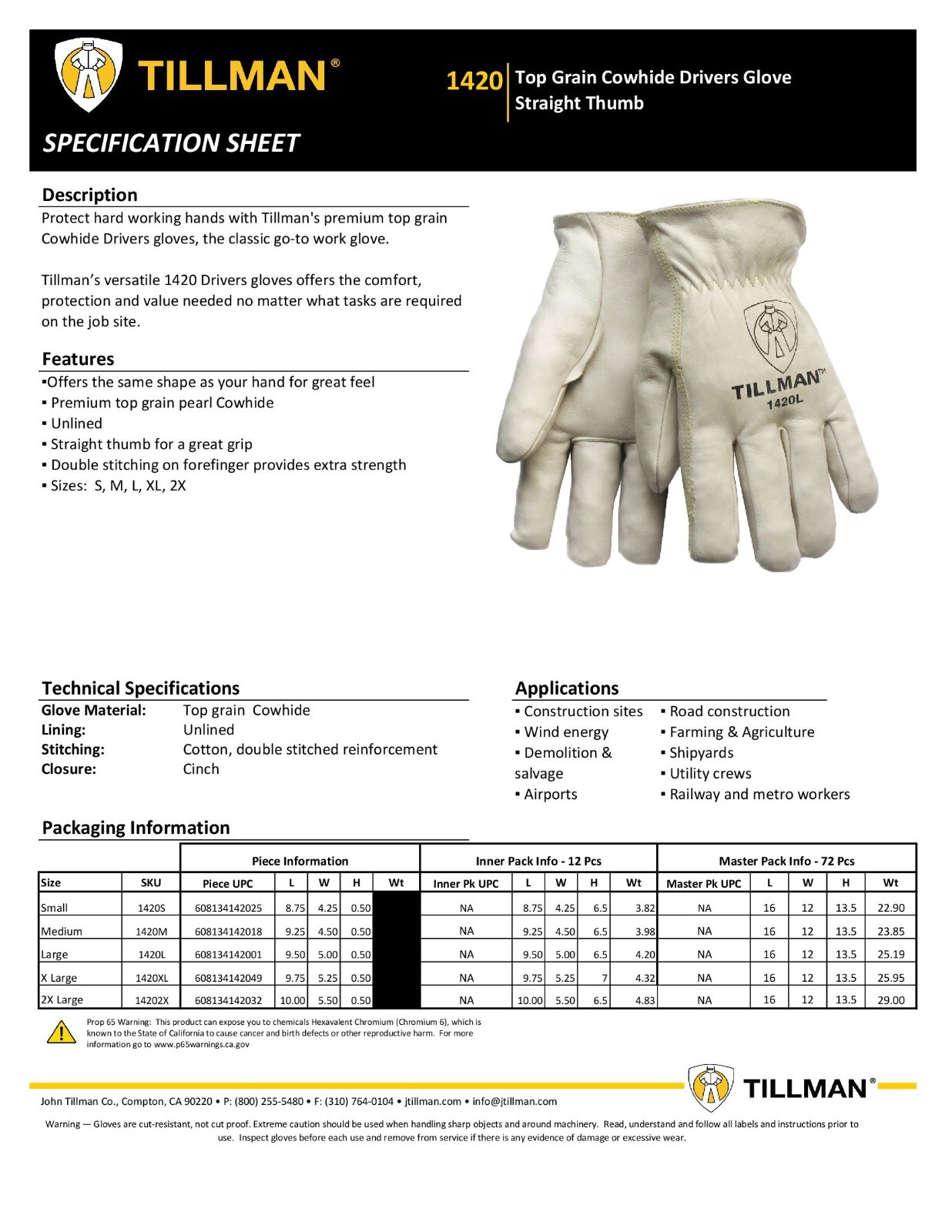 Tillman 1420 Unlined Cowhide Protective Top Grain Leather Drivers Work Gloves