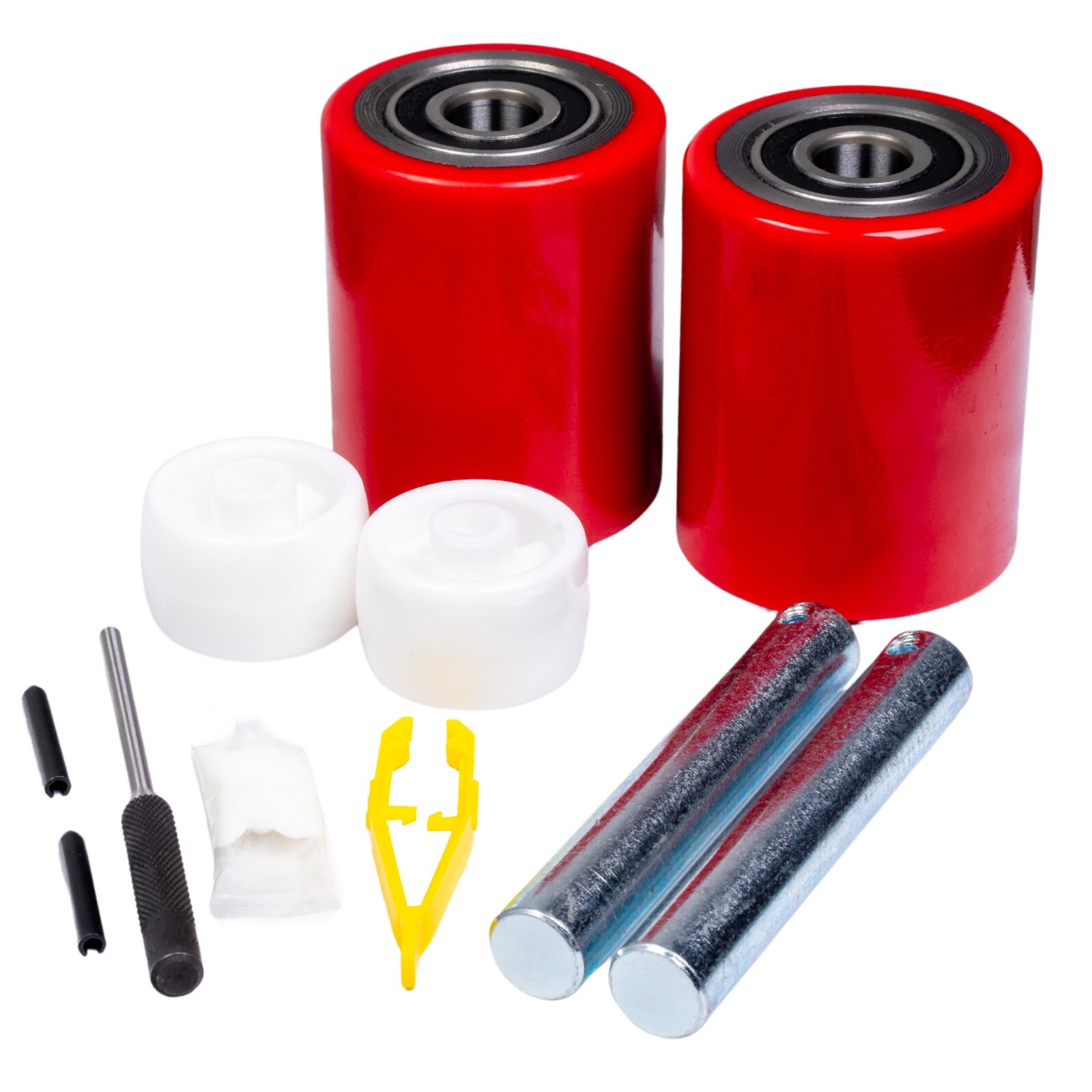 Pallet Jack/Truck Load Wheels Full Set with Axles and Rollers 3″ x 3.75″ Red