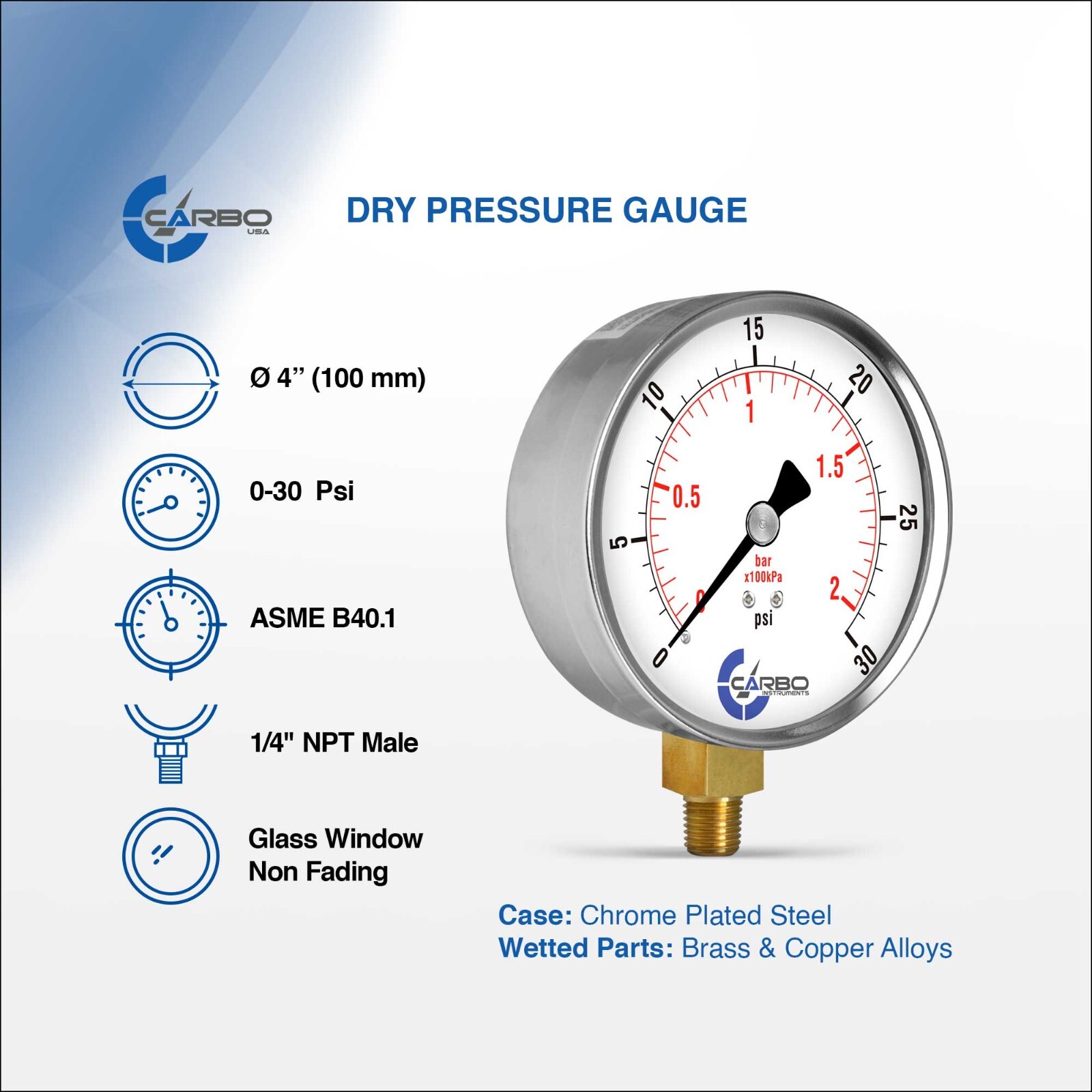 4″ Pressure Gauge – Chrome Plated Steel Case, 1/4″NPT, Lower Side Mnt. 30 PSI