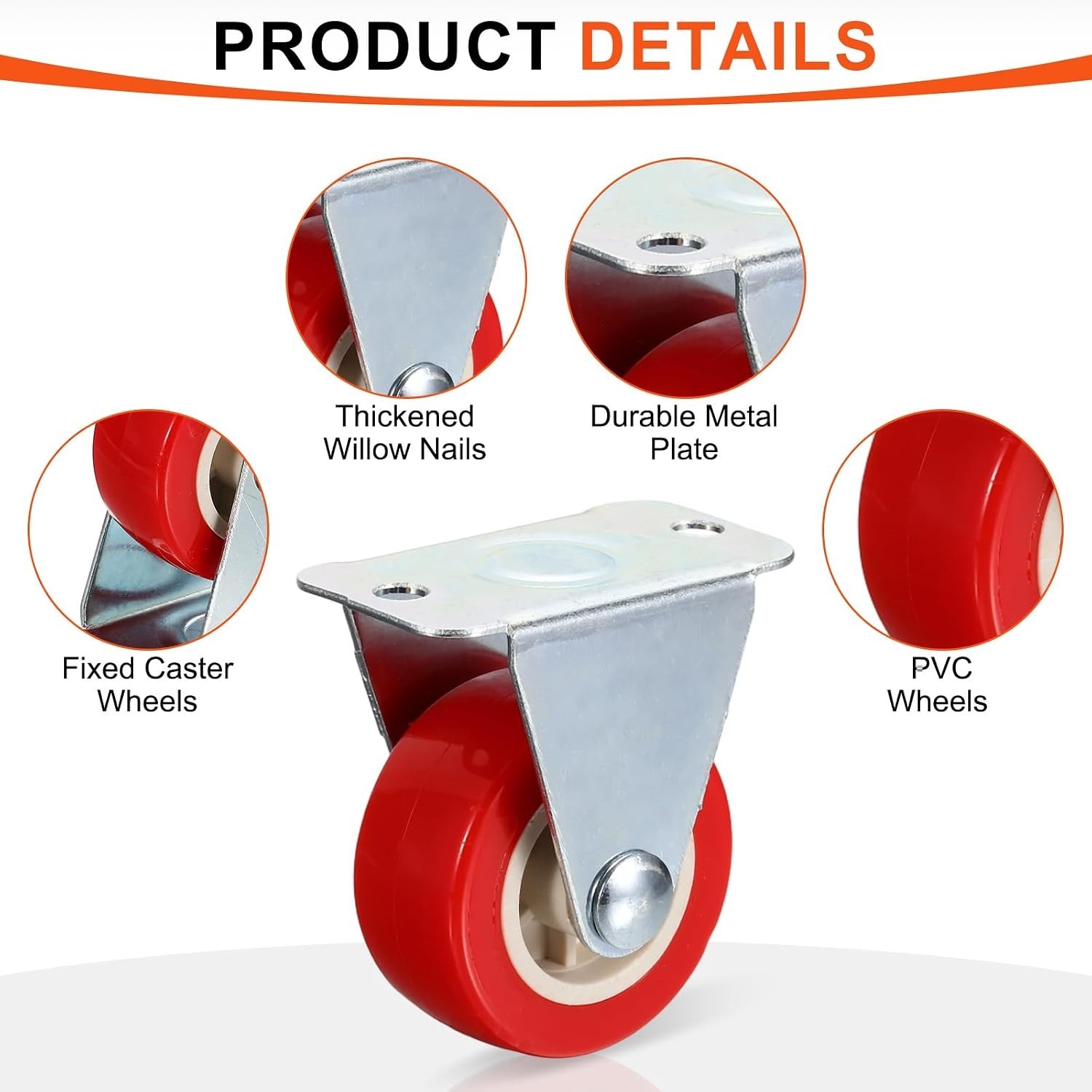 1 Inch PVC Caster Wheels Red Non-Swivel for DIY Projects and Furniture