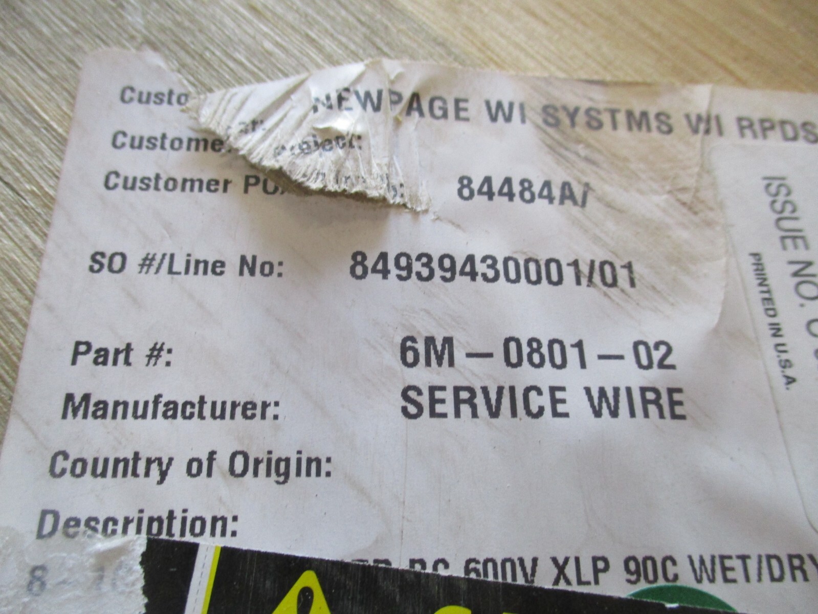 SERVICE WIRE CO. 6M-0801-02 SERVICE WIRE, 1250′, SIZE 8 AWG COPPER, U0214