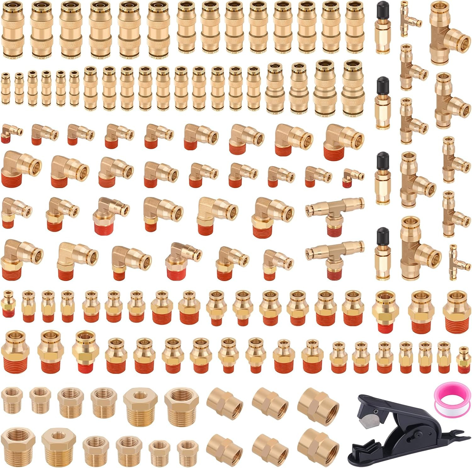 136 PCS Brass DOT Air Line Fittings Kit Push Lock DOT Air Fittings Push to Conne