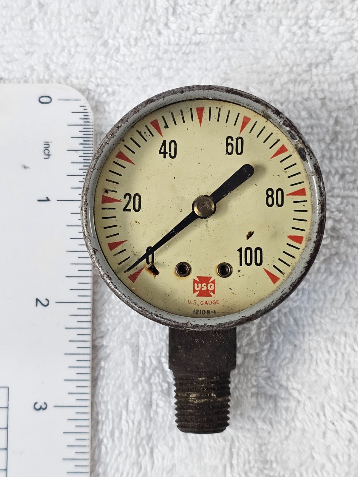 Vintage USG Pressure Gauge 100 PSI Steel Case Industrial Steam Air Gas 12108-1