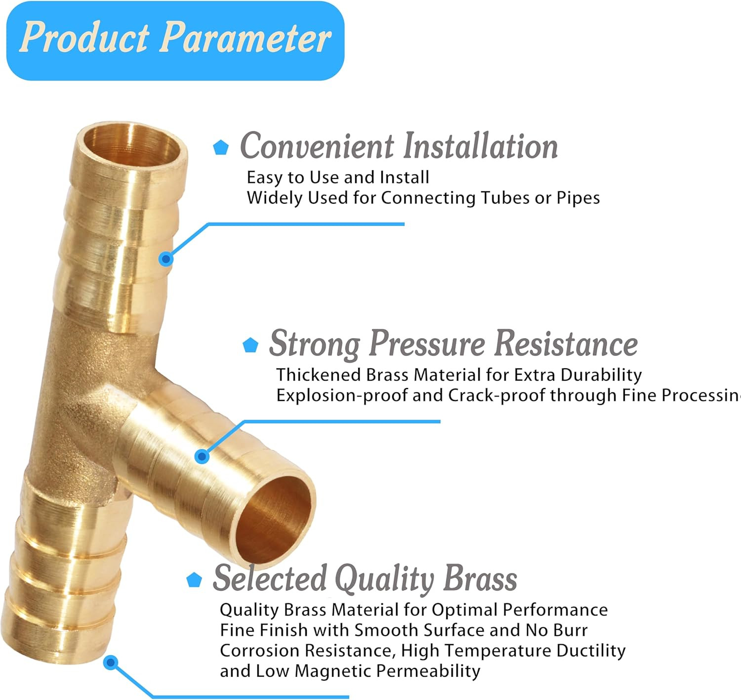 5/8″ X 1/4″ X 5/8″ Brab Reducing Tee Brass Barb Fittings with Stainless Steel Pi