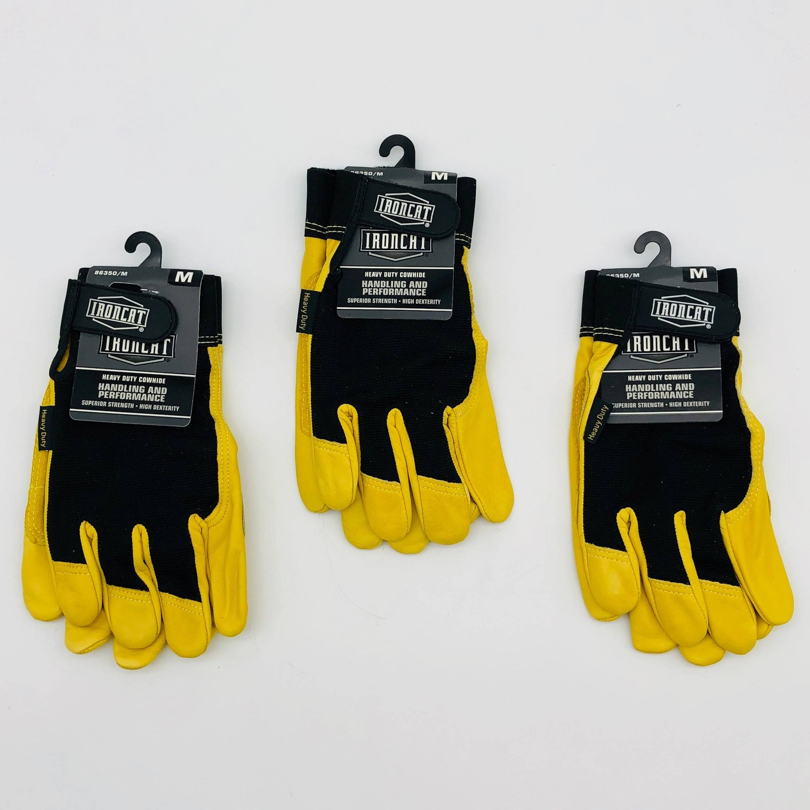Ironcat 86350 Cowhide Leather Gloves Medium Hvy Duty Mechanics Hook Loop 3 Pairs