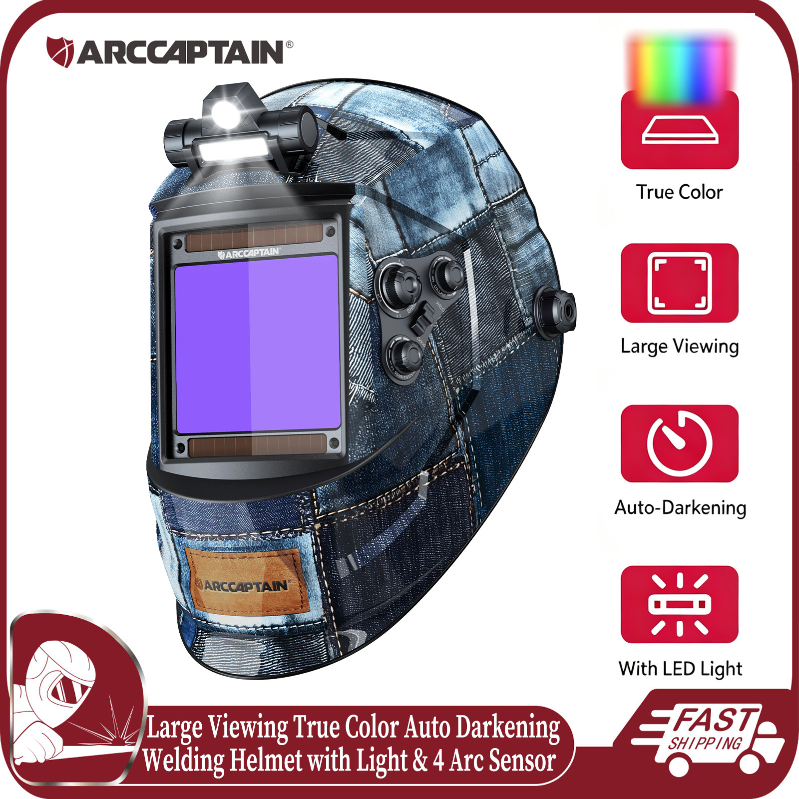 ARCCAPTAIN True Color Auto Darkening Welding Helmet for Arc Tig Mig with Light🔥