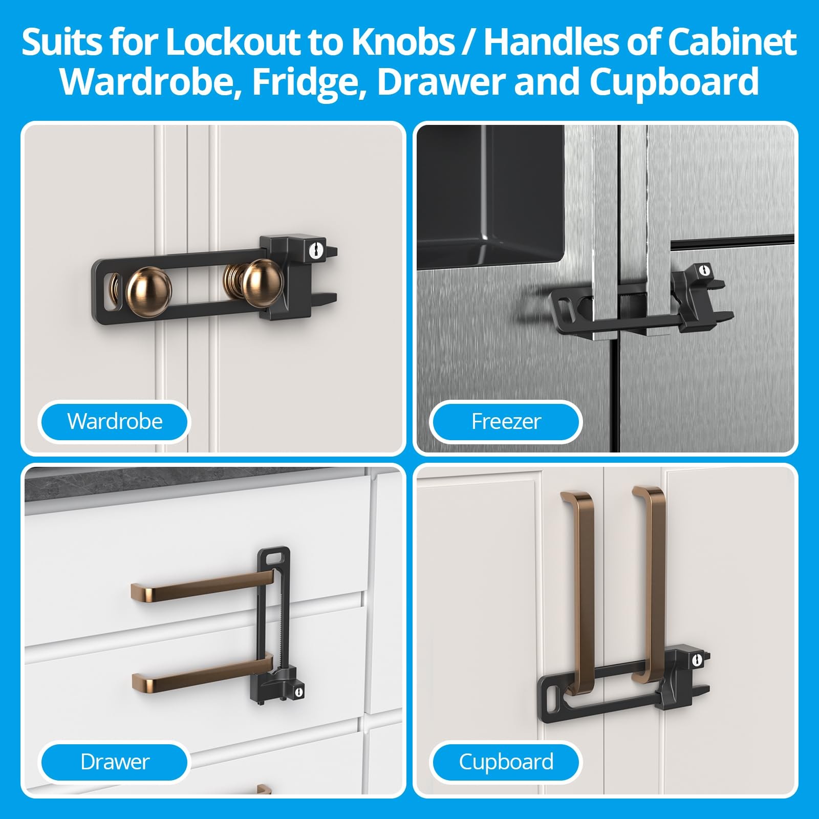 Keyed Cabinet Lock, 2 Locks 4 Keys, Key Alike, Childproof Drawer Latch