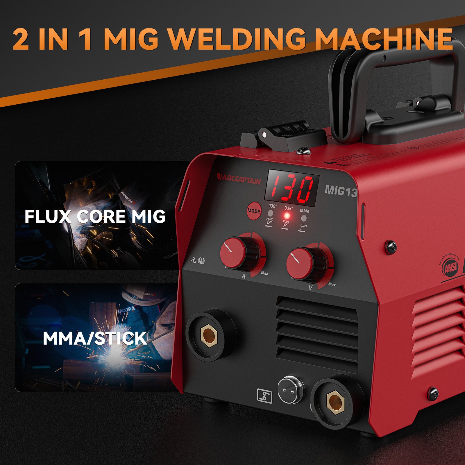 ARCCAPTAIN MIG130 130A 3-in-1 MIG/TIG/MMA Welder w/Digital Screen, O.C O.H Prote
