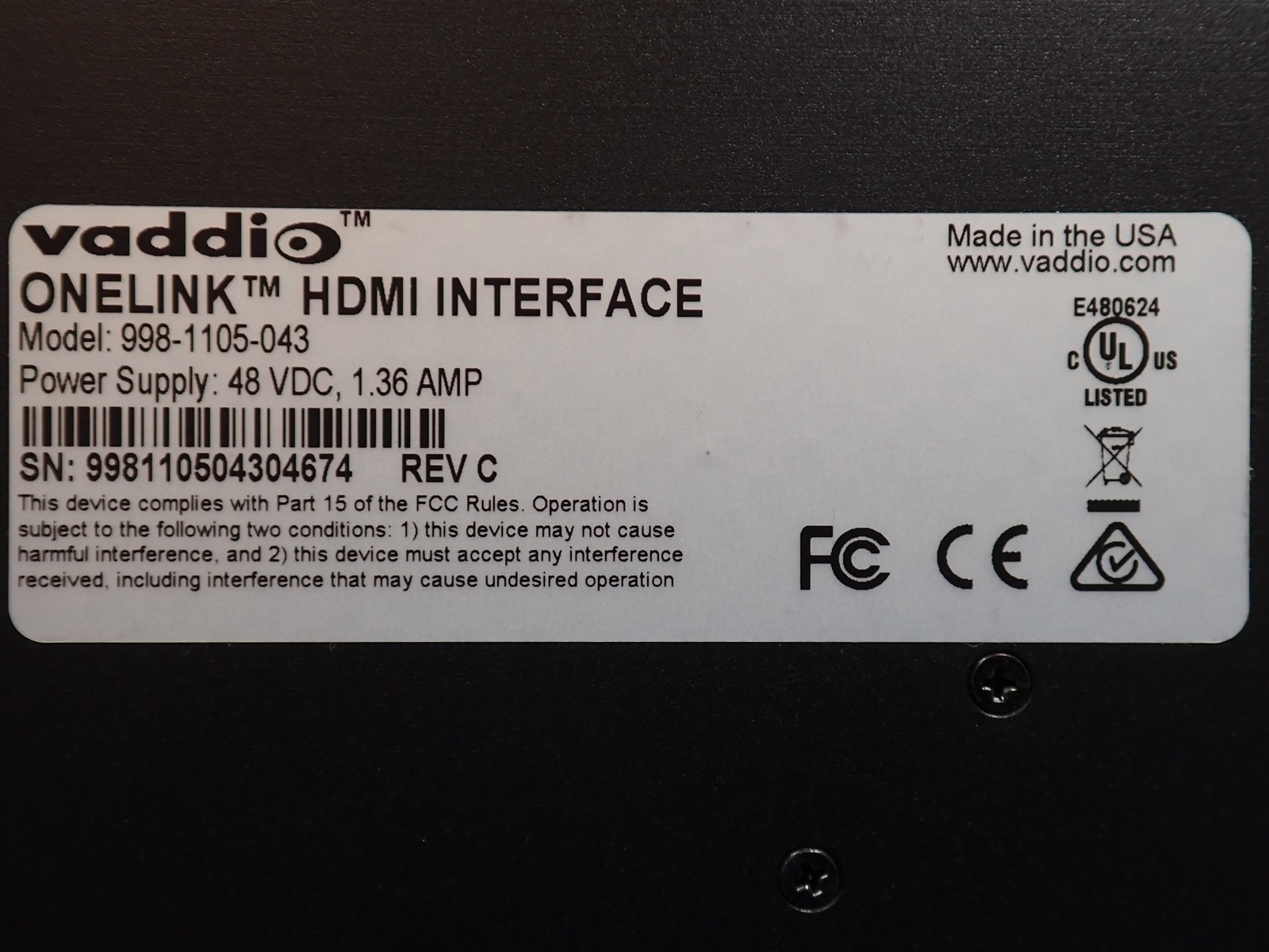 Vaddio OneLink HDMI Extension Receiver 999-1105-043 (A9)