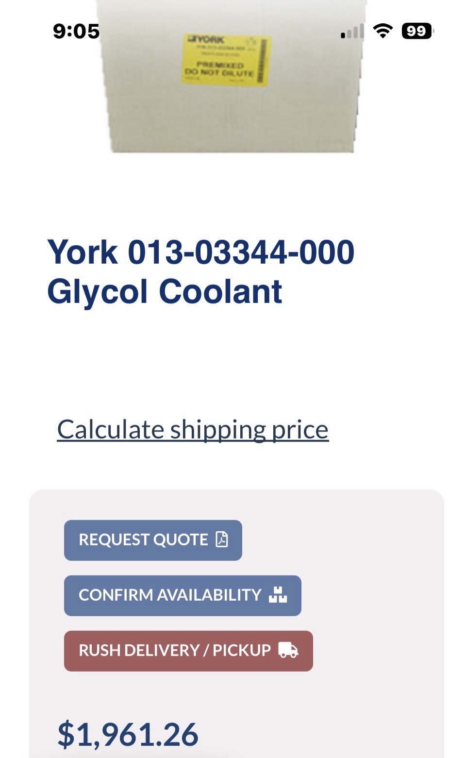 York Glycol Coolant 013-03344-000 Premixed Do Not Dilute MPN 013-03344-000 Model