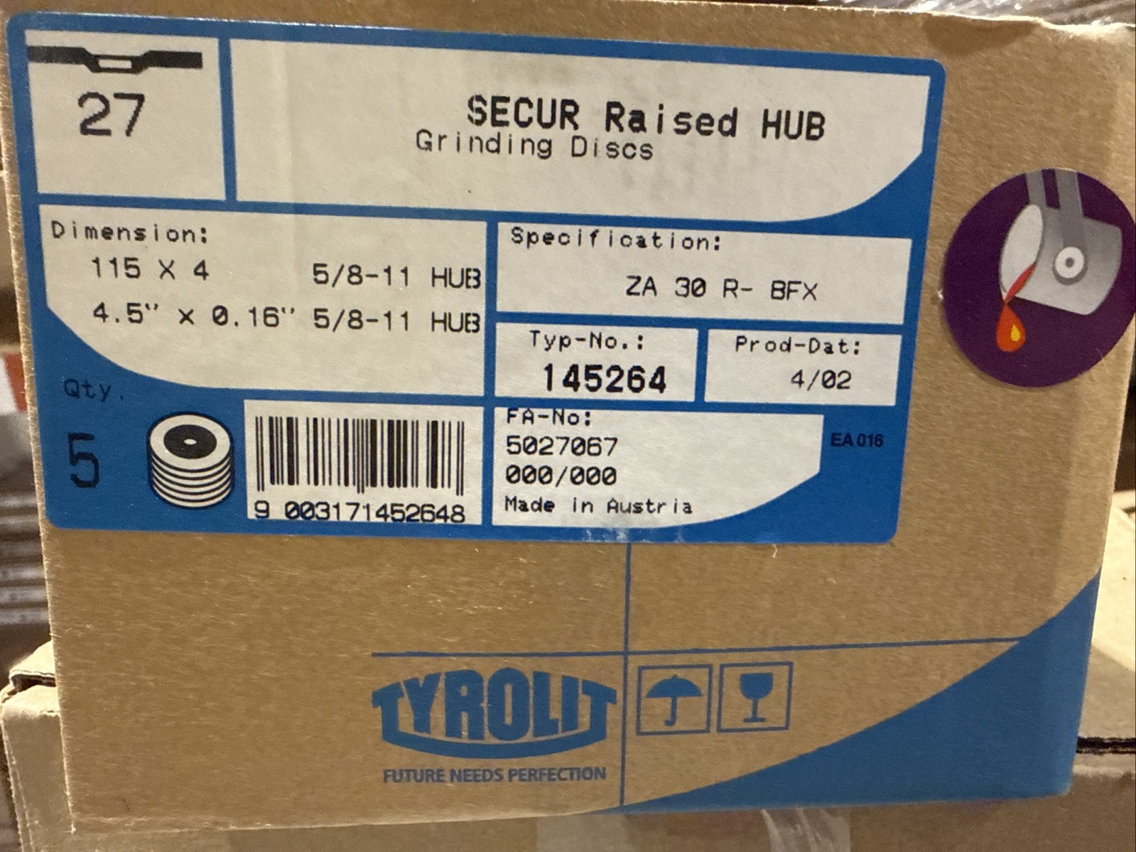 Tyrolit FA5027067 4.5 x 0.16 x 5/8-11 Grinding Discs Pack of 5 New In Box