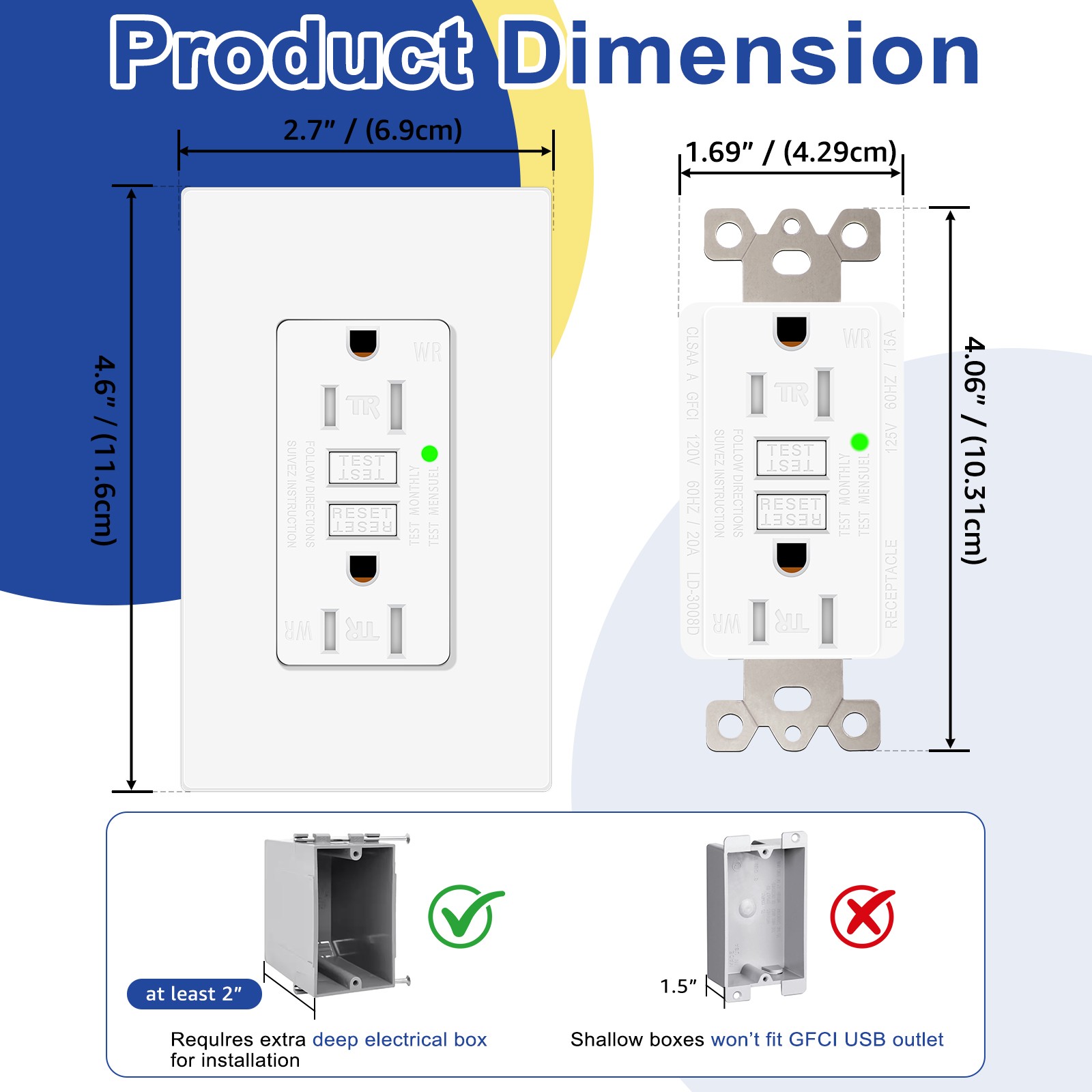 15AMP GFCI Outlet Receptacle Tamper Resistant – ETL Listed, White GFI TR WR GFCI