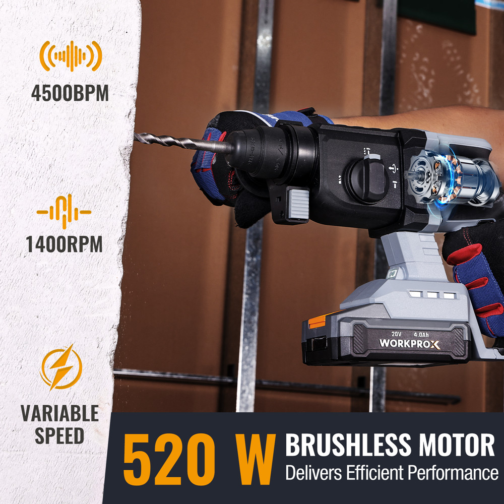 WORKPROX 20V 520W Cordless Brushless Rotary Hammer Drill Kits 7/8″ SDS-Plus 2.0J