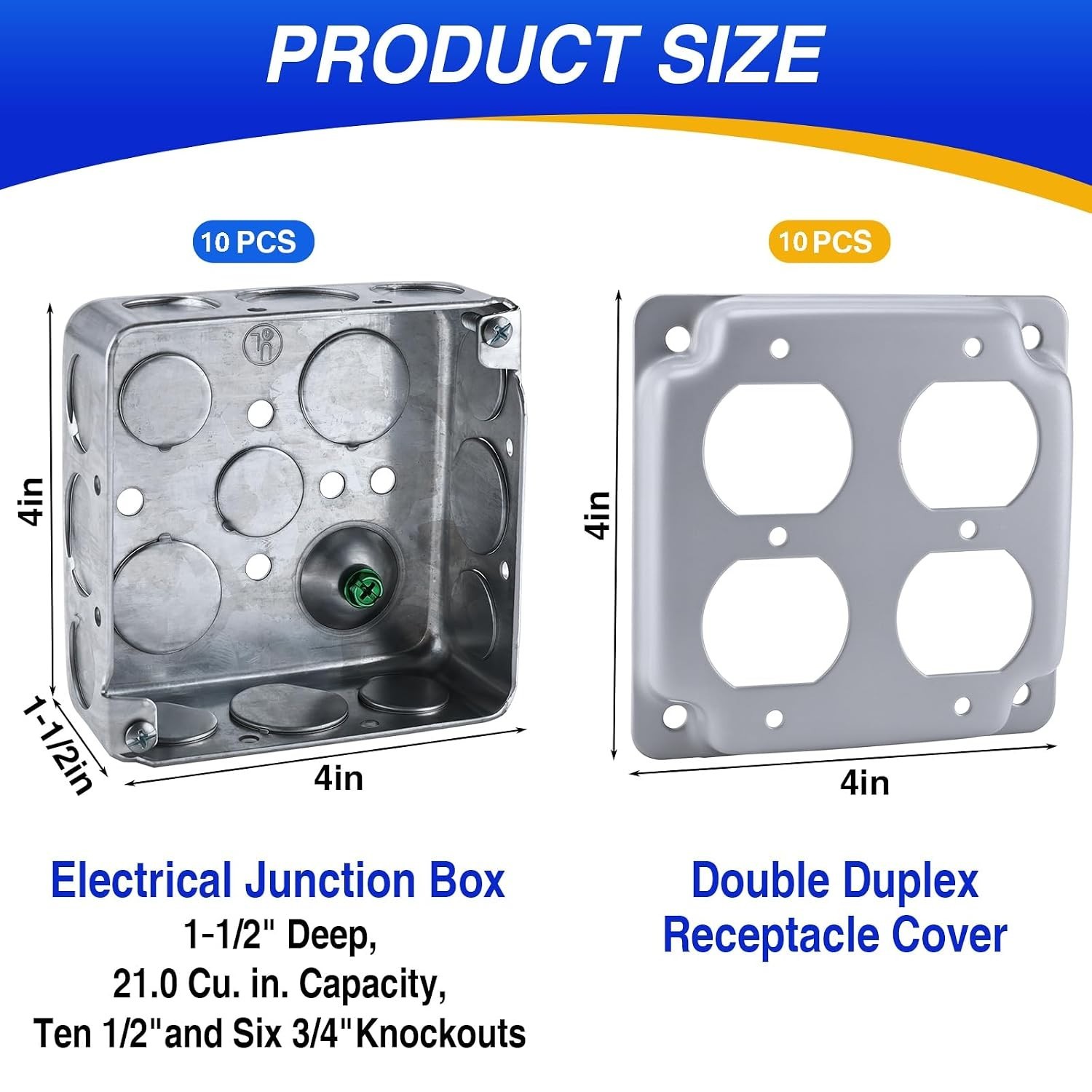 Patioer 4″x4″ Metal Electrical Box with Cover Double Duplex 1-1/2» Deep, 10 Set