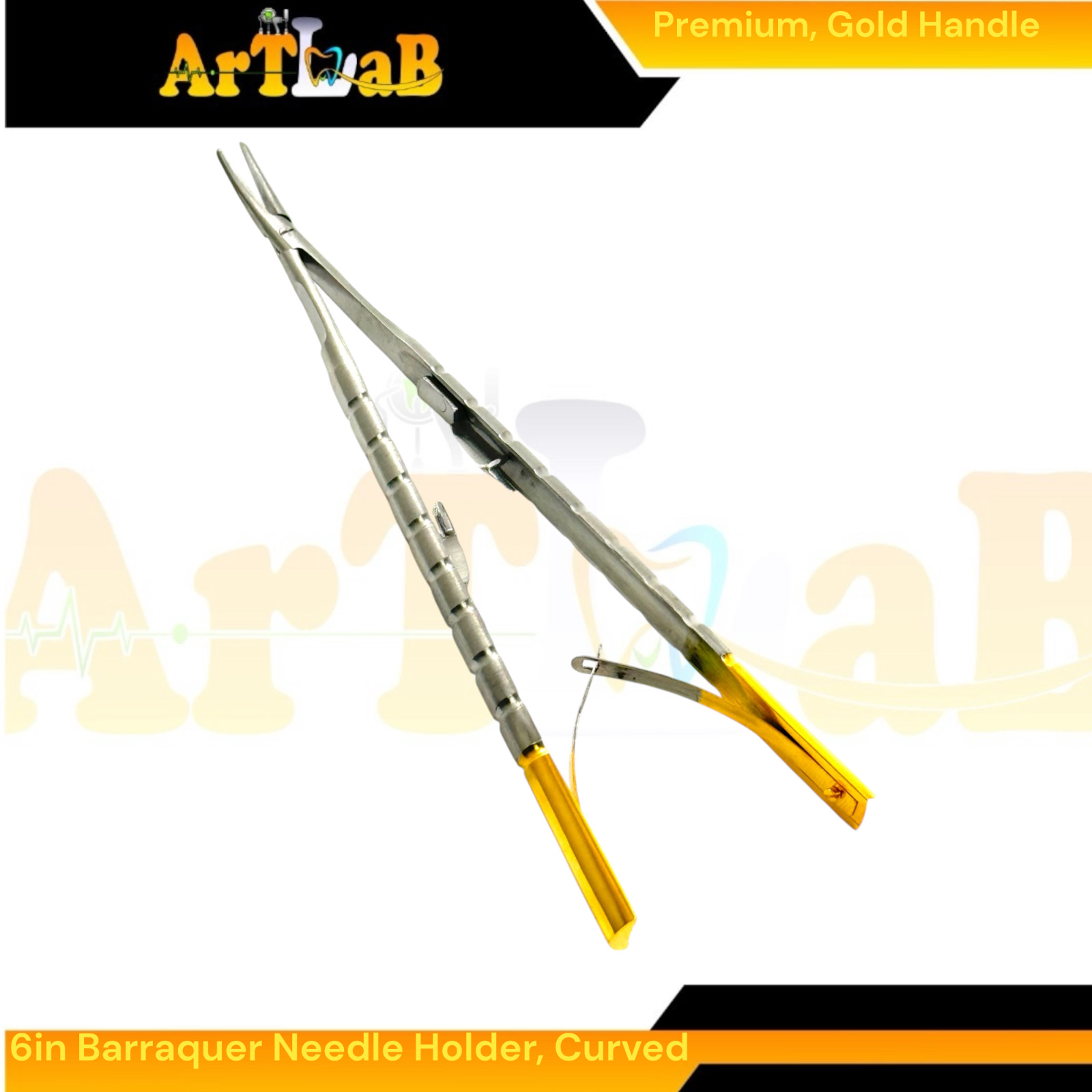 6in Castroviejo-Barraquer Micro Needle Holder, Curved Smooth Tips & Lock Handle