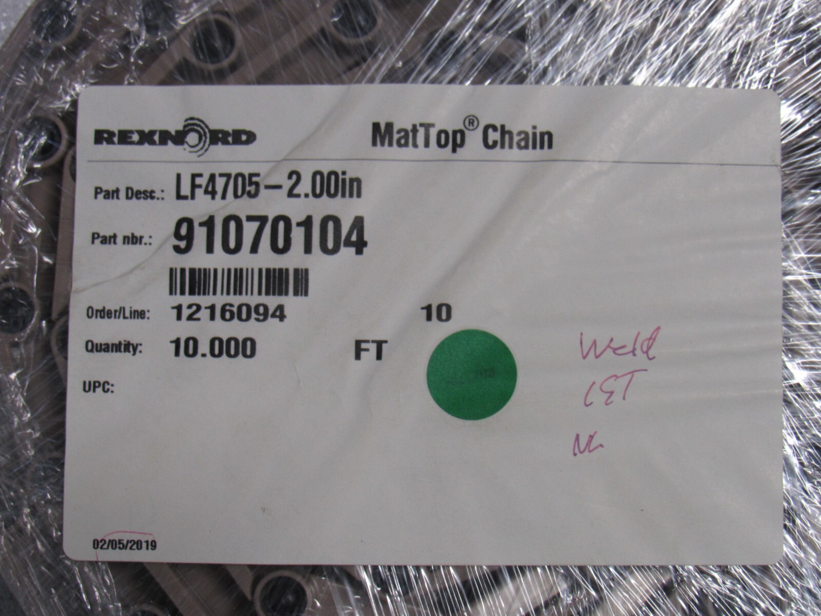 NEW REXNORD MAT TOP CHAIN LF4705-2.00IN 91070104 2″W 10FT