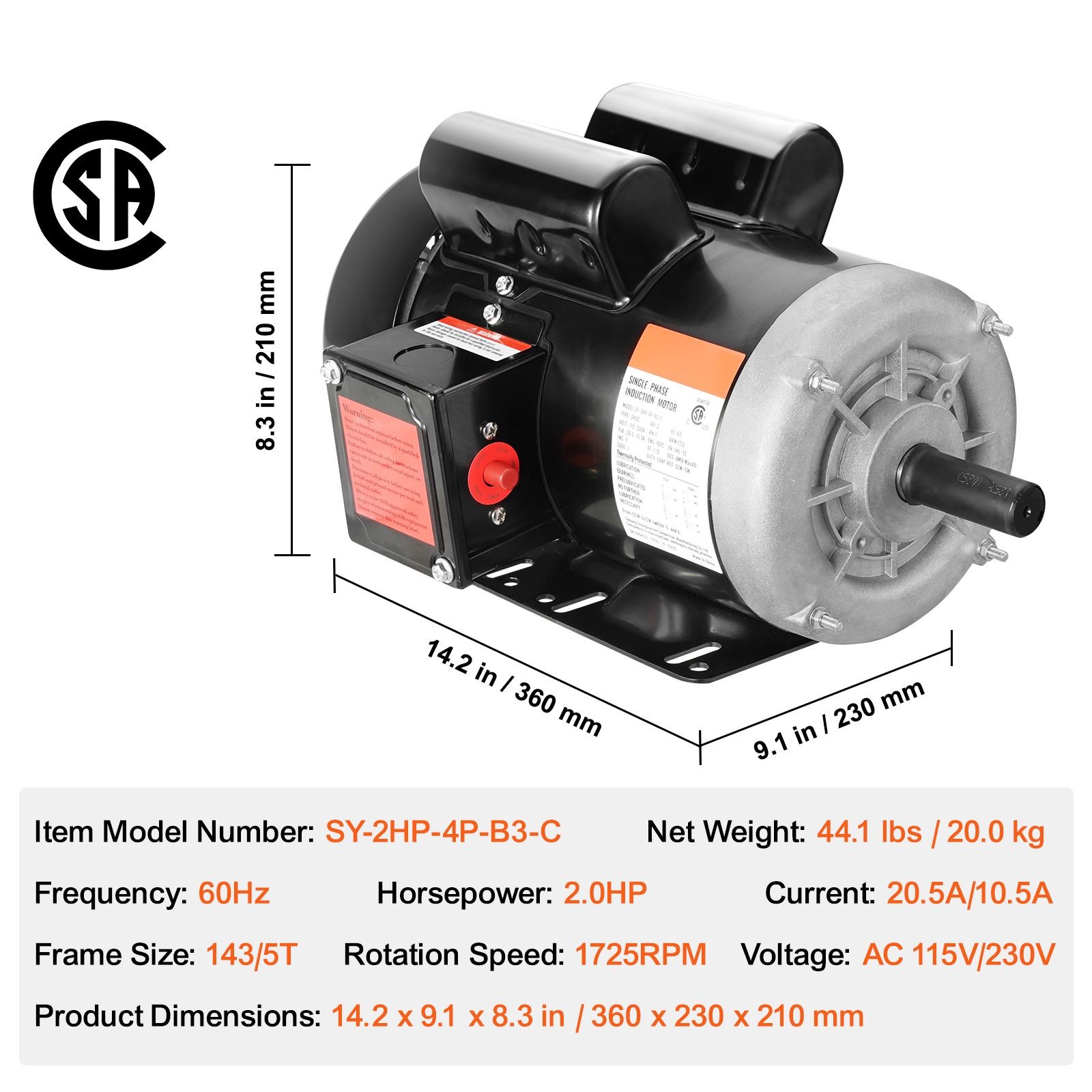 2HP Electric Motor 1725 rpm, AC 115V/ 230V, 143/ 5T Frame, Air Compressor Motor