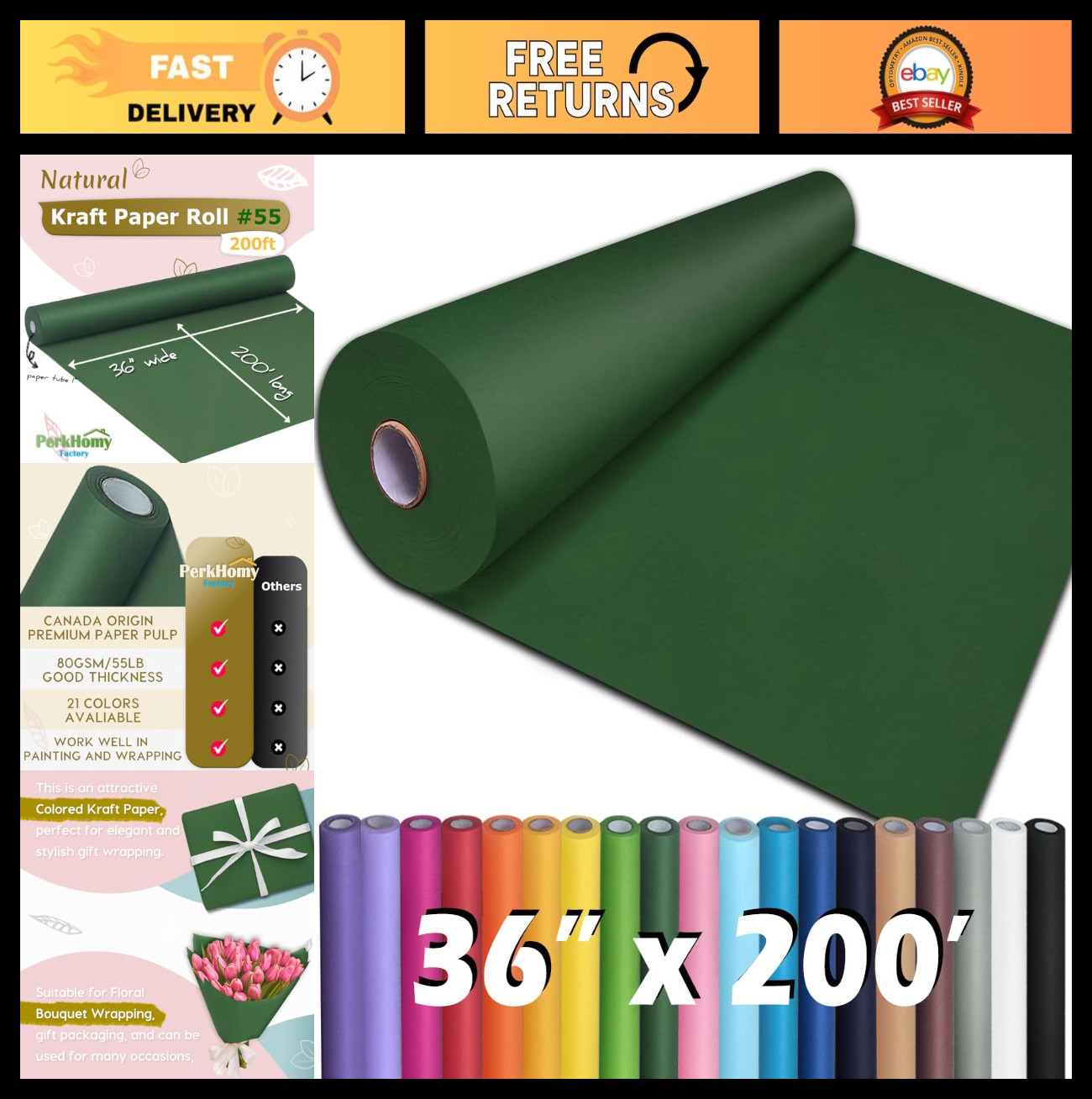 Dark Green Kraft Paper Roll 36″ x 200′ – Crafting, Gift Wrapping, Table Covering