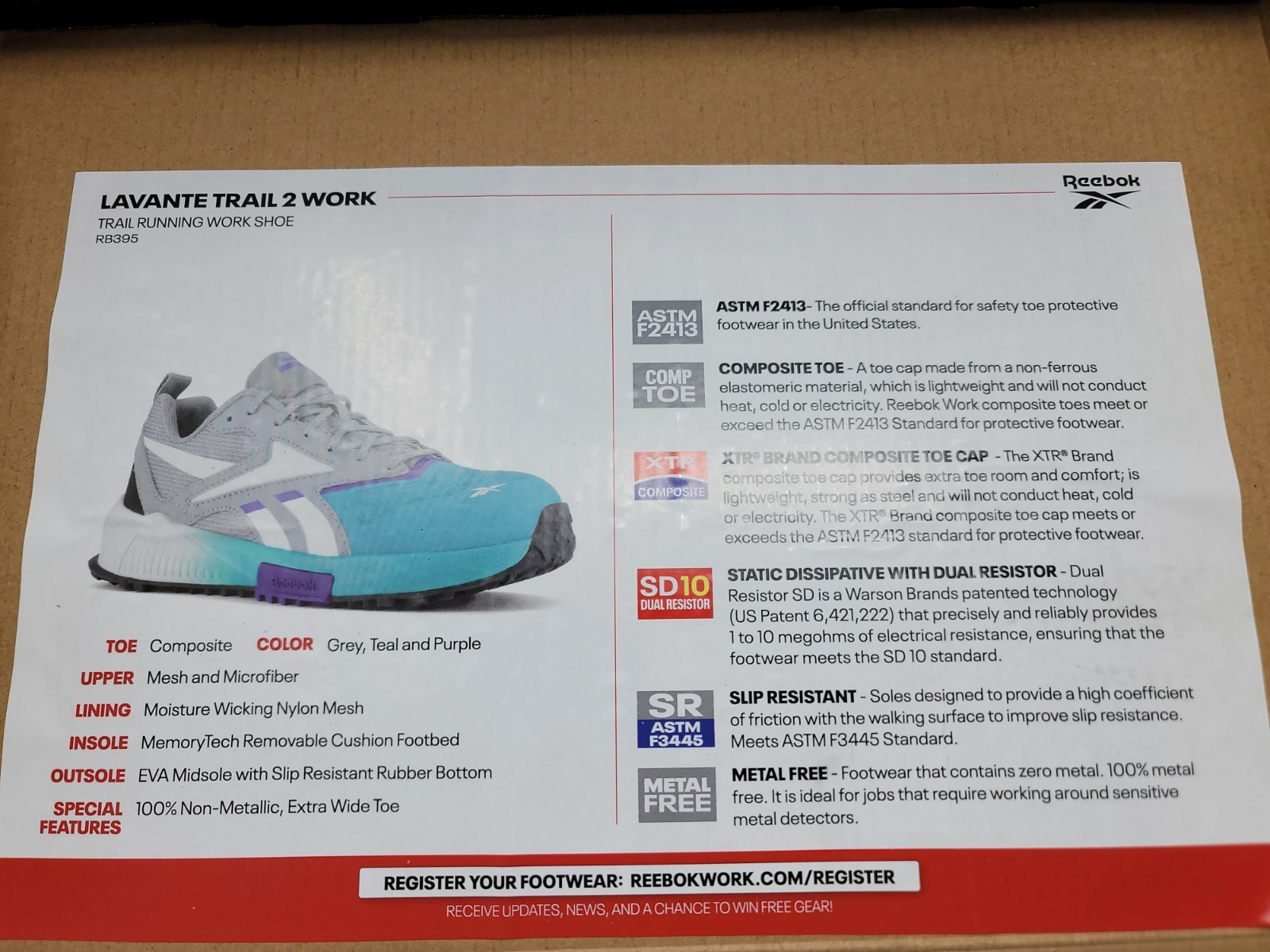 Reebok Lavante Trail 2 Composite Toe Womens Sz 8M Gray Oil Resistant Shoes