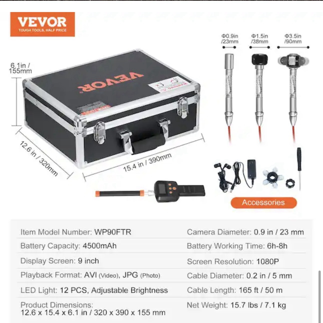 VEVOR 9 In Sewer Camera 50m/165ft Self-Leveling Drain Camera with 512Hz Locator