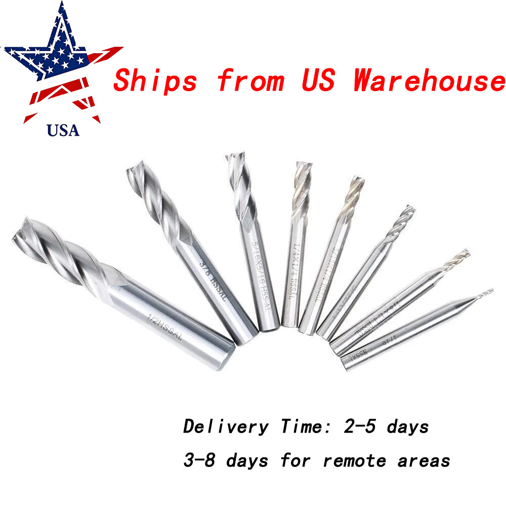 1/2″ 3/8″ 5/16″ 1/4″ 3/16″ 5/32″ 1/8″ 1/16″ 8pcs HSS 4 Flute Straight End Mill