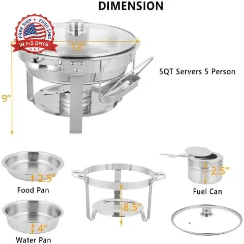 ROVSUN 5 Qt 2 Pack Chafing Dishes for Buffet, NSF Stainless Steel Round Chafers