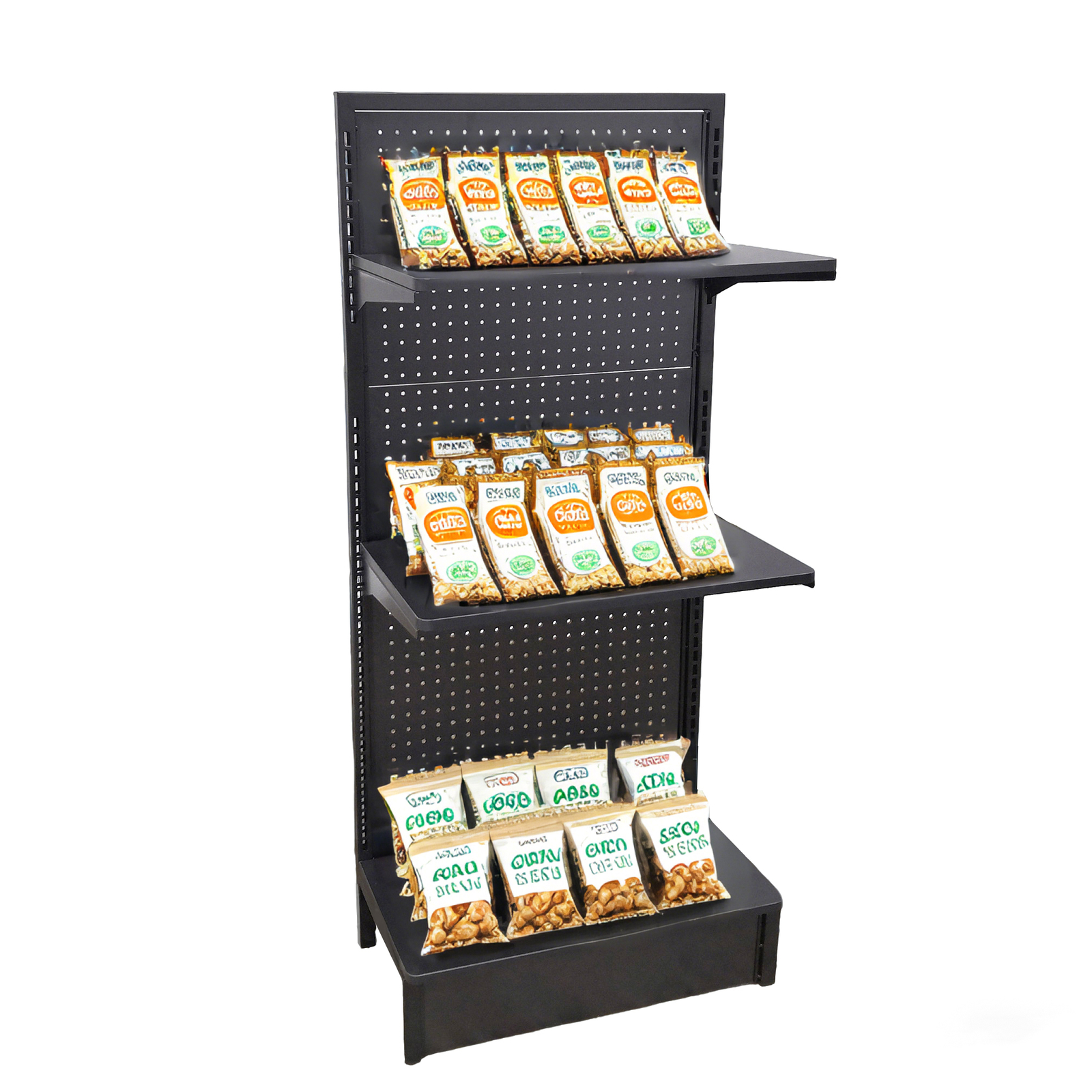 24.0″ Wide Gondola Rack Stand with Two Shelves Black Pegboard Display