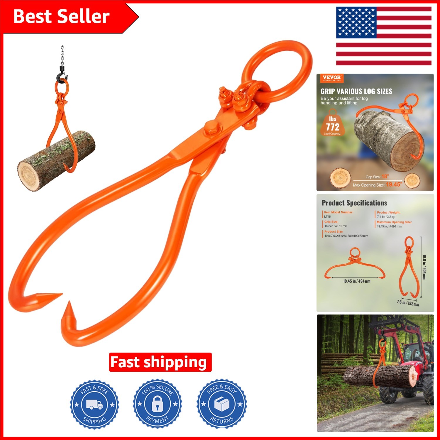 Heavy-Duty Log Lifting Tongs – 772 lbs Capacity, Eagle Claw Grip, 19.45″ Opening