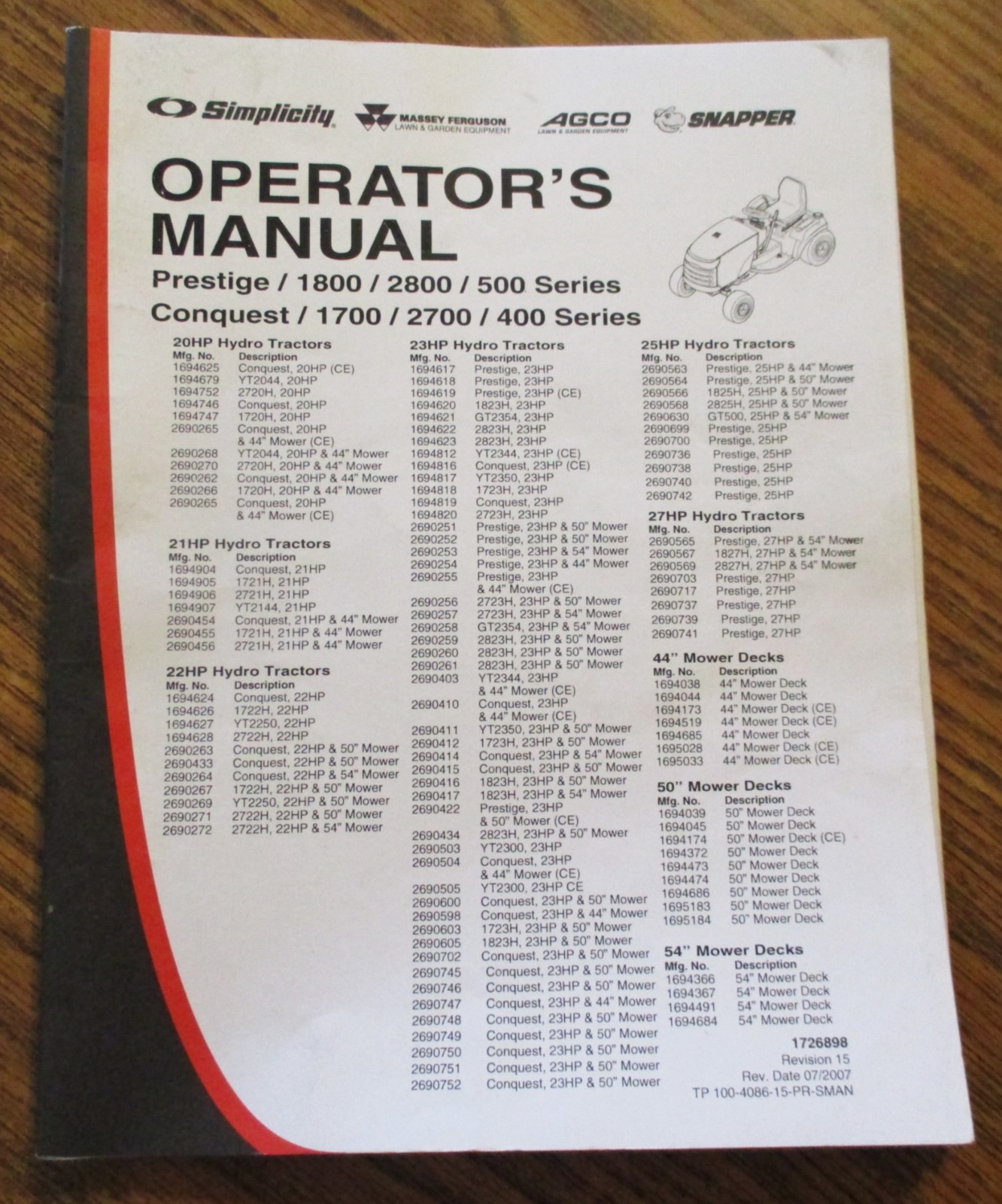 Simplicity Conquest 1700 2700 400 & Prestige 1800 2800 500 Ser Tractor Op Manual