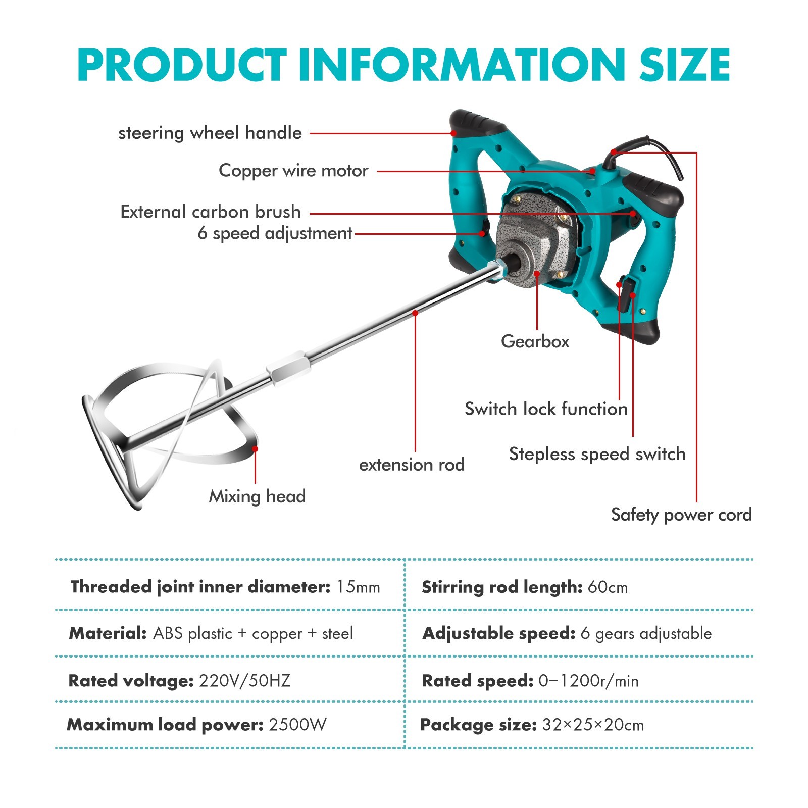 2500W Handheld Electric Mixer 6-Speed Adjustable High Efficiency