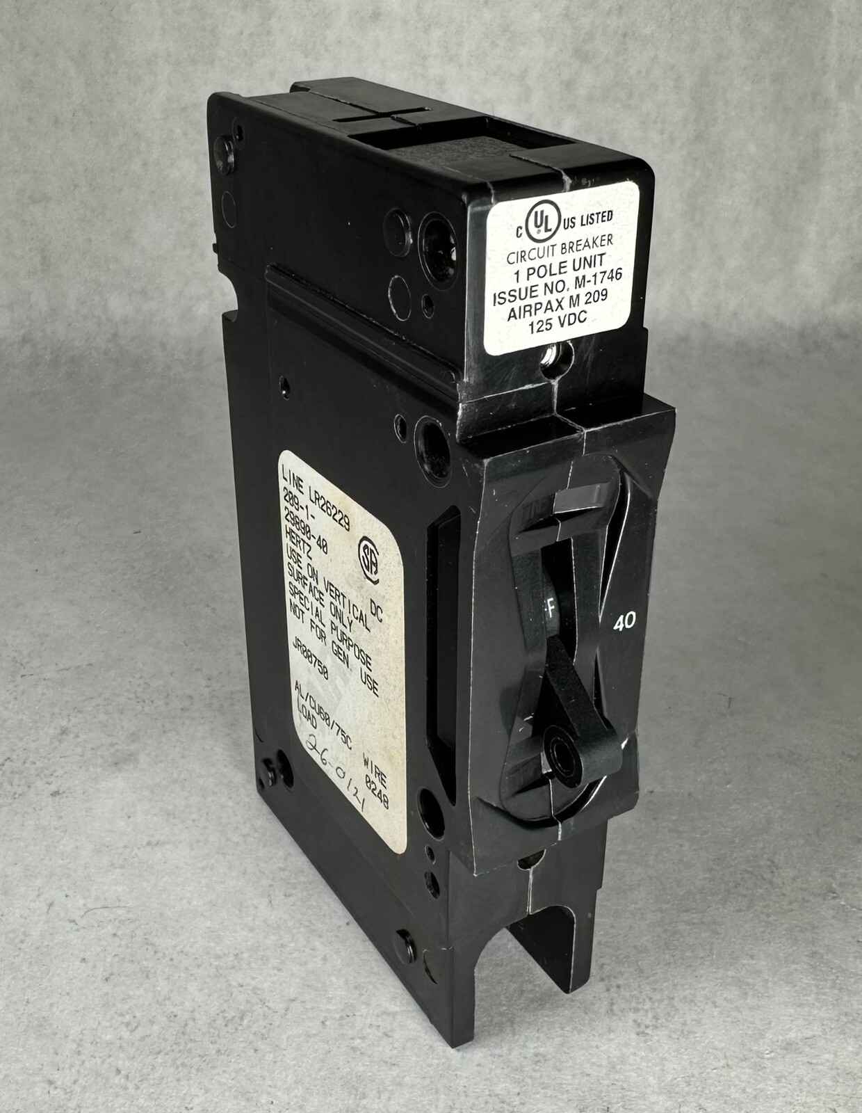 NEW AIRPAX 209-1-29890-40 Circuit Breaker, 1-Pole 125 VDC 40 Amps