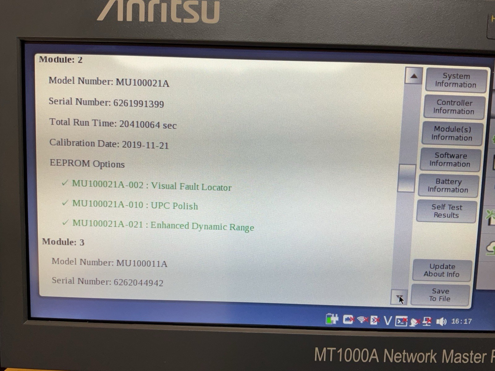 Anritsu MT1000A Network Master Pro; MU100090A, MU100021A, MU100011A Modules