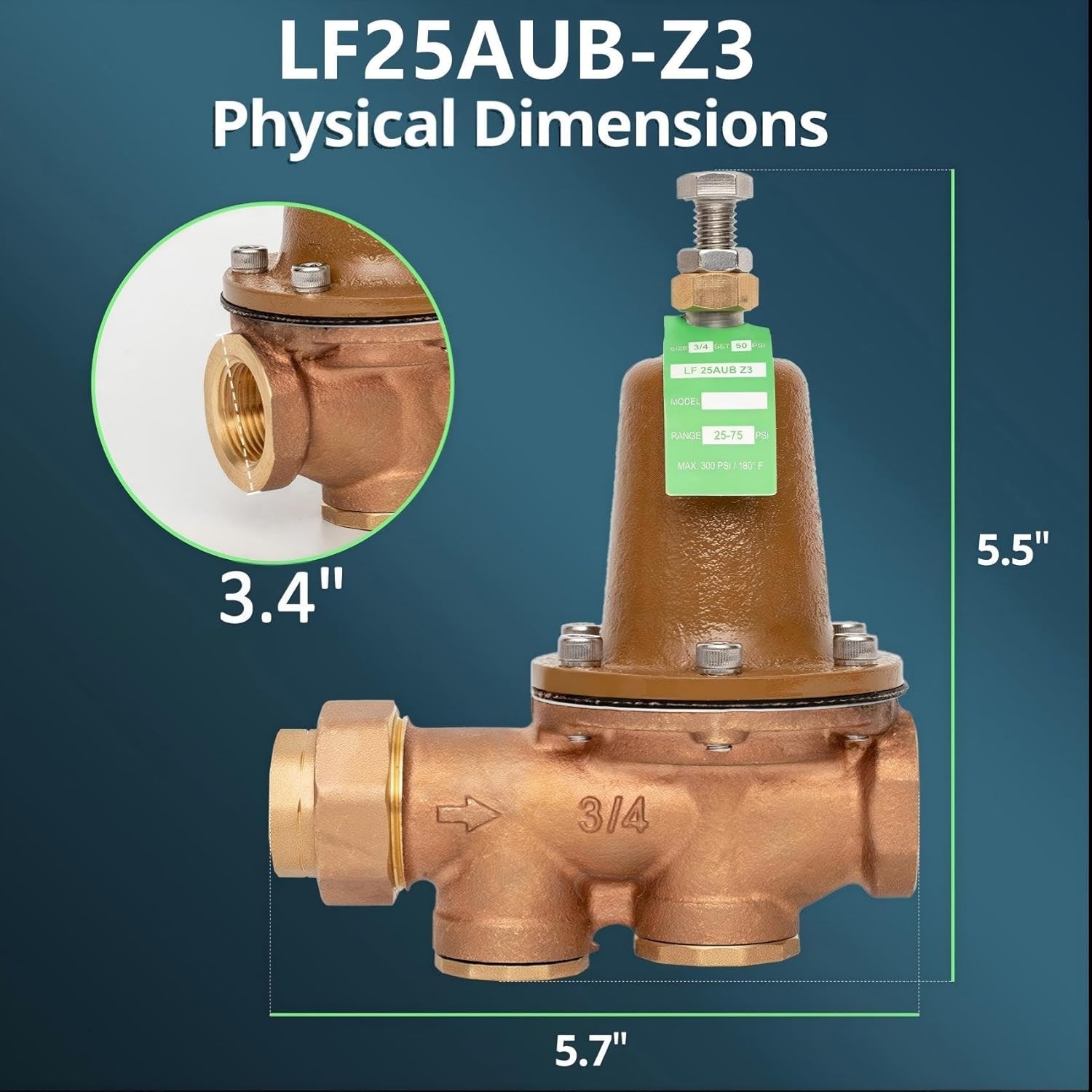 3/4″ 600XL Water Pressure Reducing Valve Adjustable 25-75 PSI # LF25AUB-Z3