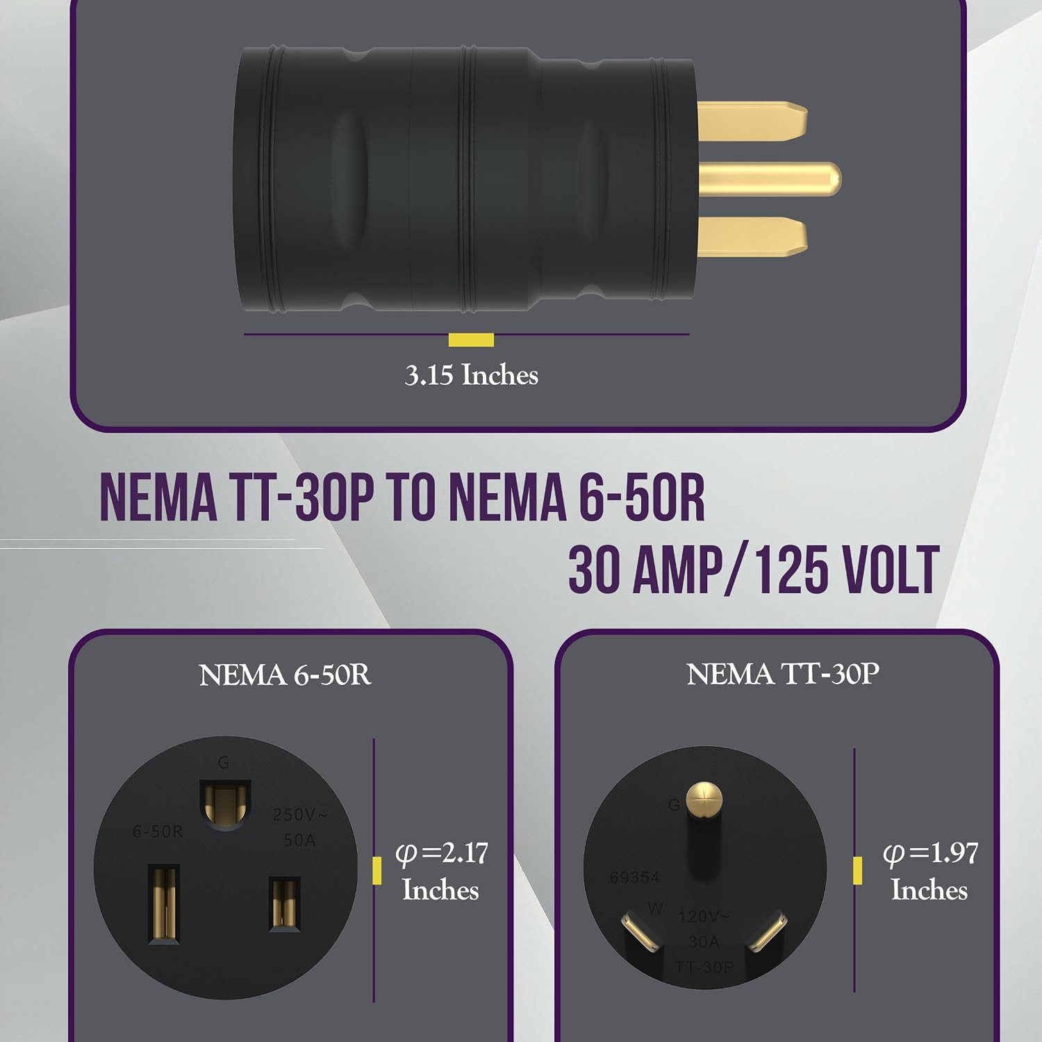 NEMA TT-30P to 6-50R Compact Adaptor, 30 Amp 3 Prong Male to 50 Amp 3 Prong Fema