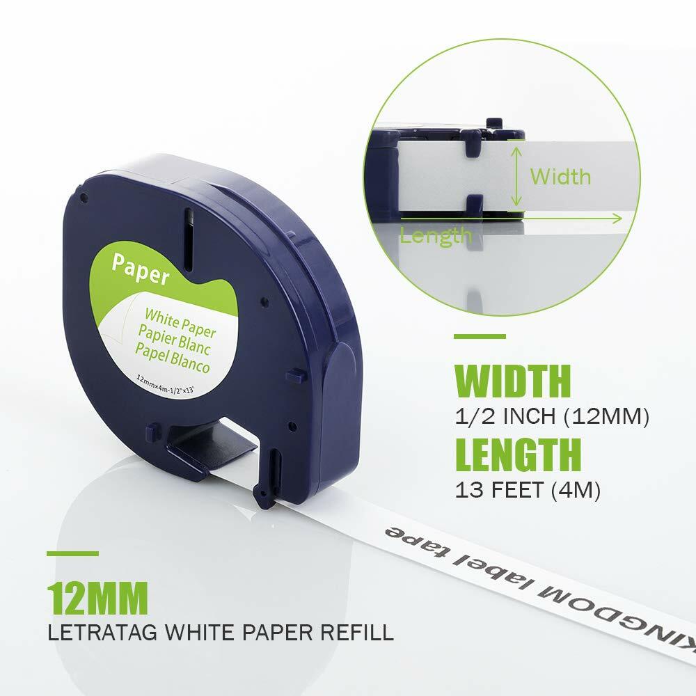 5 Pack Replace DYMO LetraTag Refills 91330 10697 White Paper Label Tape 12mm 4m