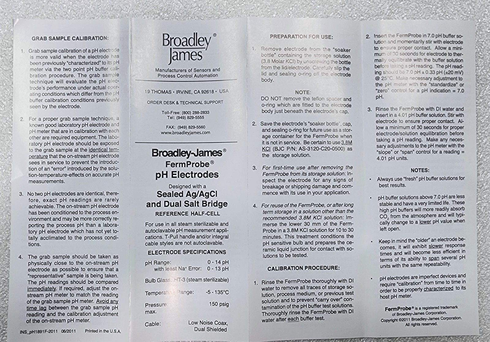 Broadley James F-835 Autoclavable pH Electrode for Bioprocess Applications