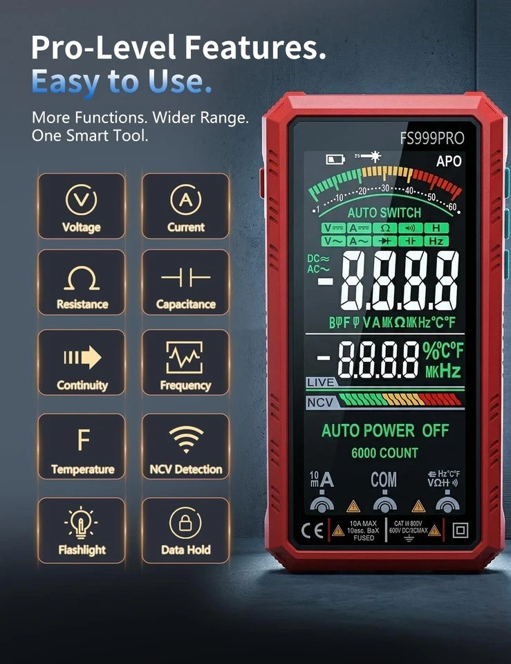Digital Multimeter Tester Auto-Ranging TRMS 6000 Counts Voltmeter Smart Recharge