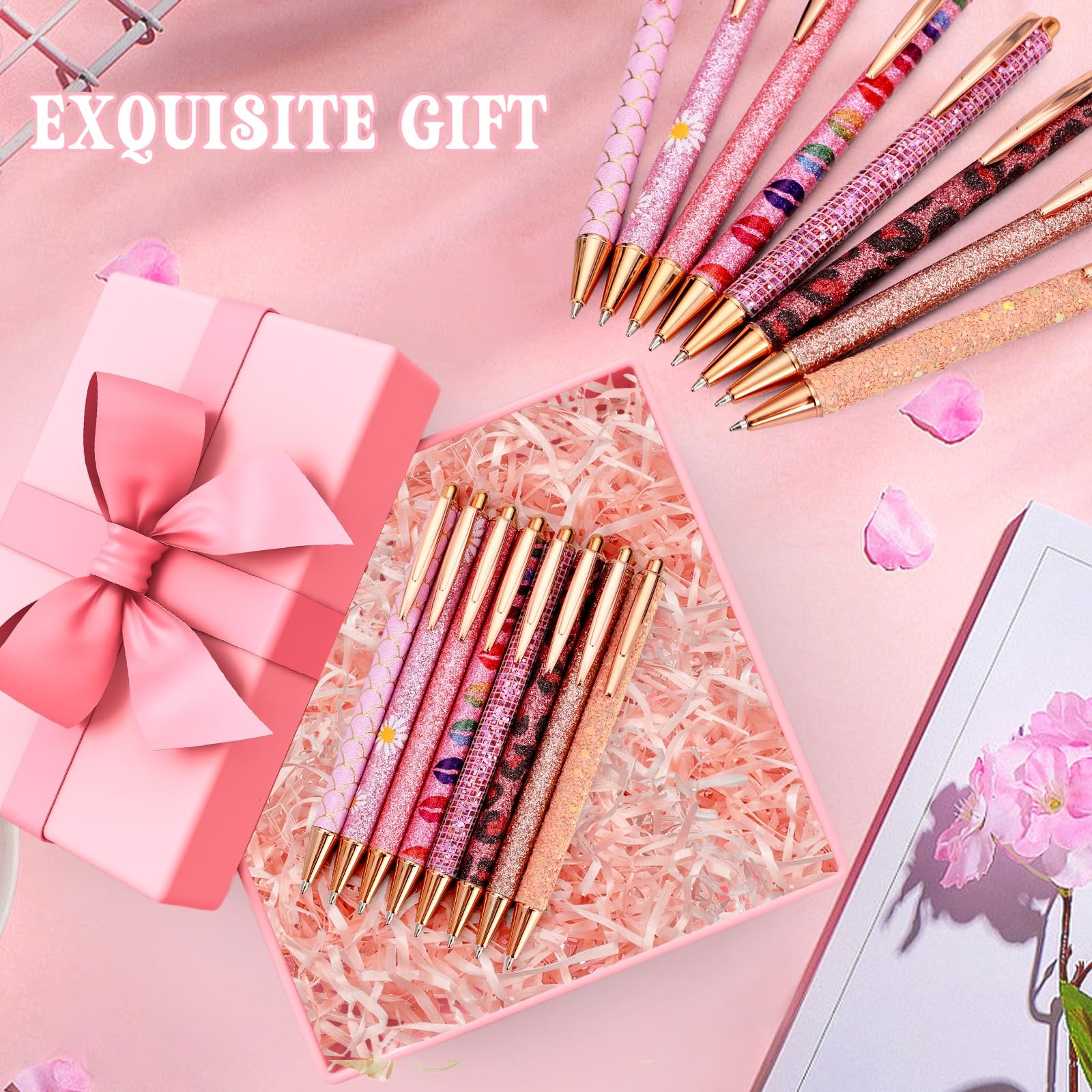 8 Pcs Pink Sparkly Pens for Women – Cute Glitter Ballpoint Pens with 10 Refil…