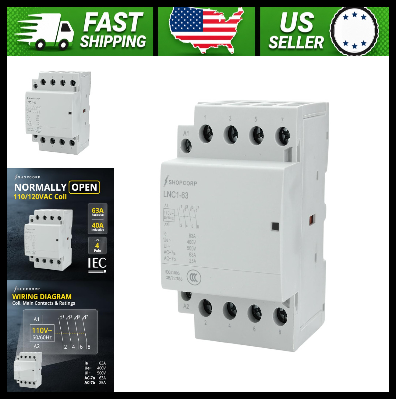 4 Pole 120V Coil Normally Open Contactor 60A DIN Rail Mount