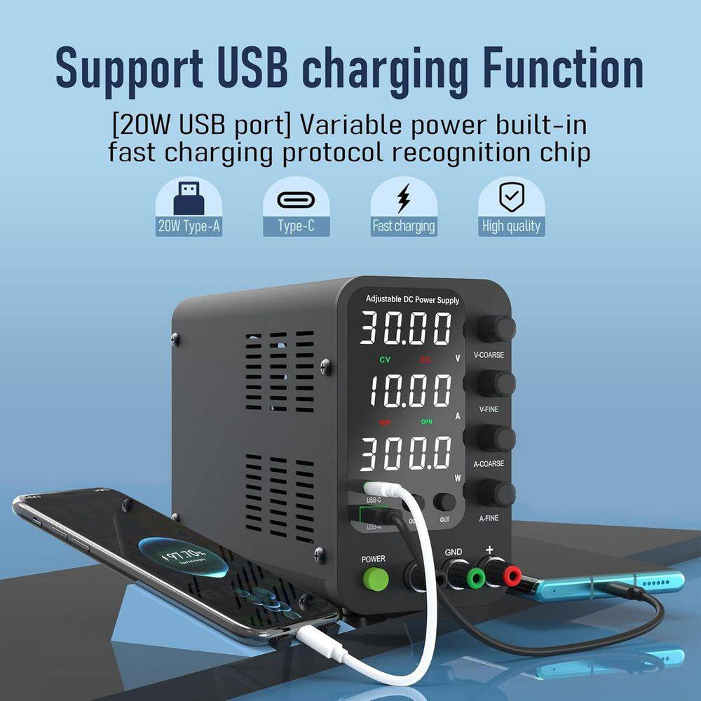 DC Power Supply 0-32V 0-10A Switching with 20W USB and Type-C Quick-Charge, LED