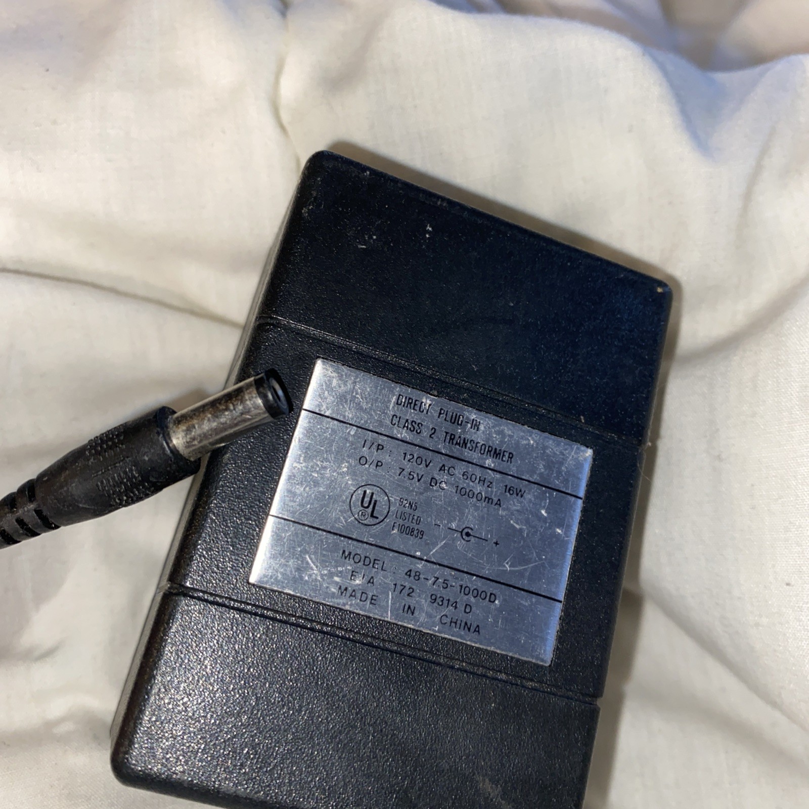 Transformer Class 2 I/p 120v Ac 60 Hz 16w O/p 7.5v Dc 1000ma UL 92 N5 Model 48