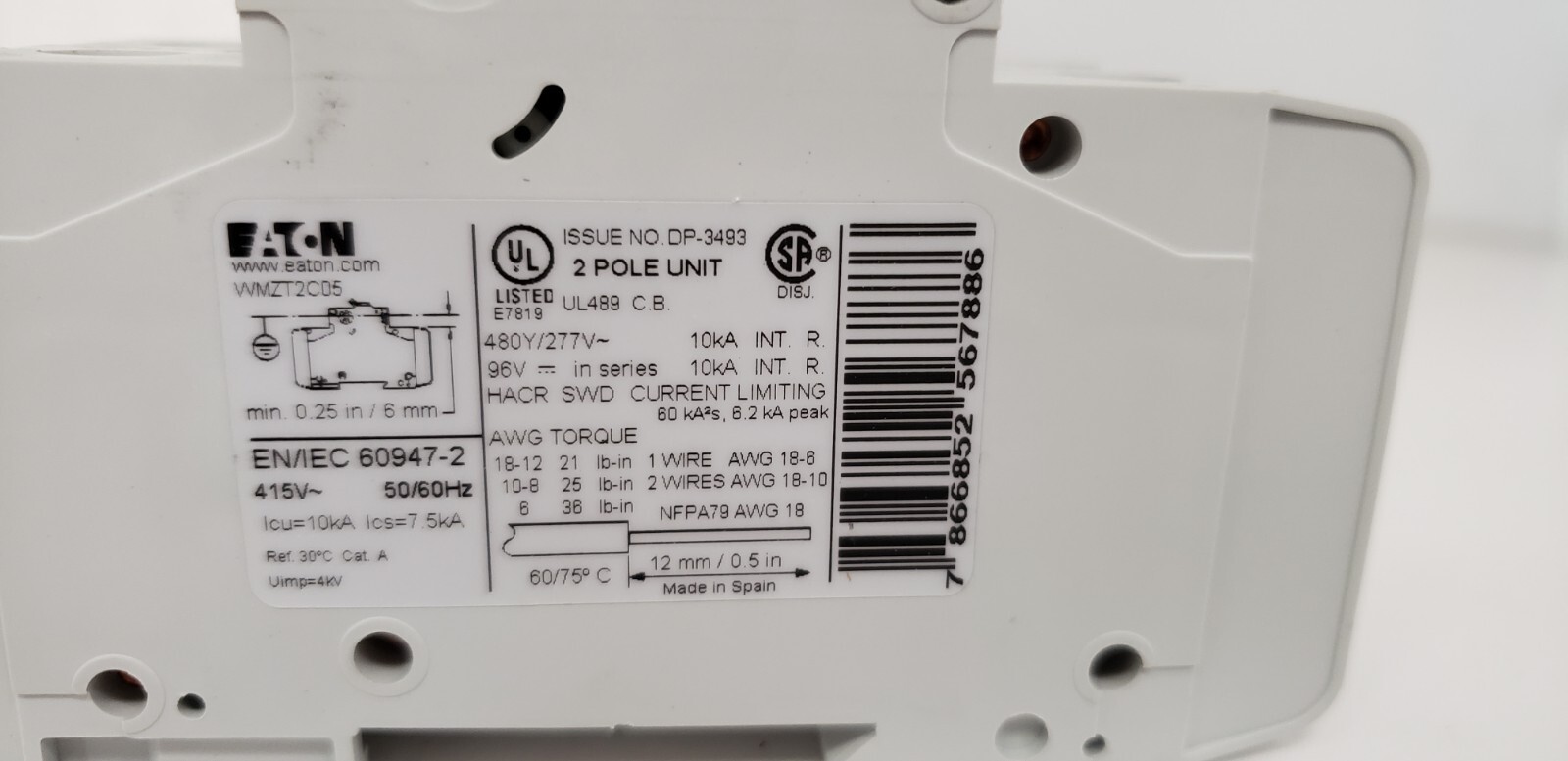 EATON WMZT2C05 (FAZ-C5-2-NA) CIRCUIT BREAKER, 2P, 5A, 480/277V, 10kA, TYPE C NIB