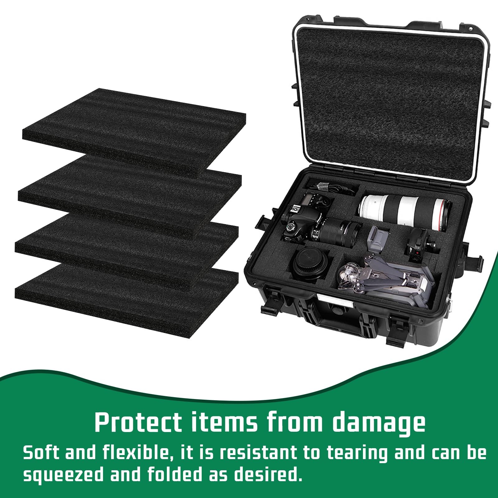 4 PCS 16x12x1 Inch Polyurethane Foam Inserts For Cases Packing Black Craft Sheet