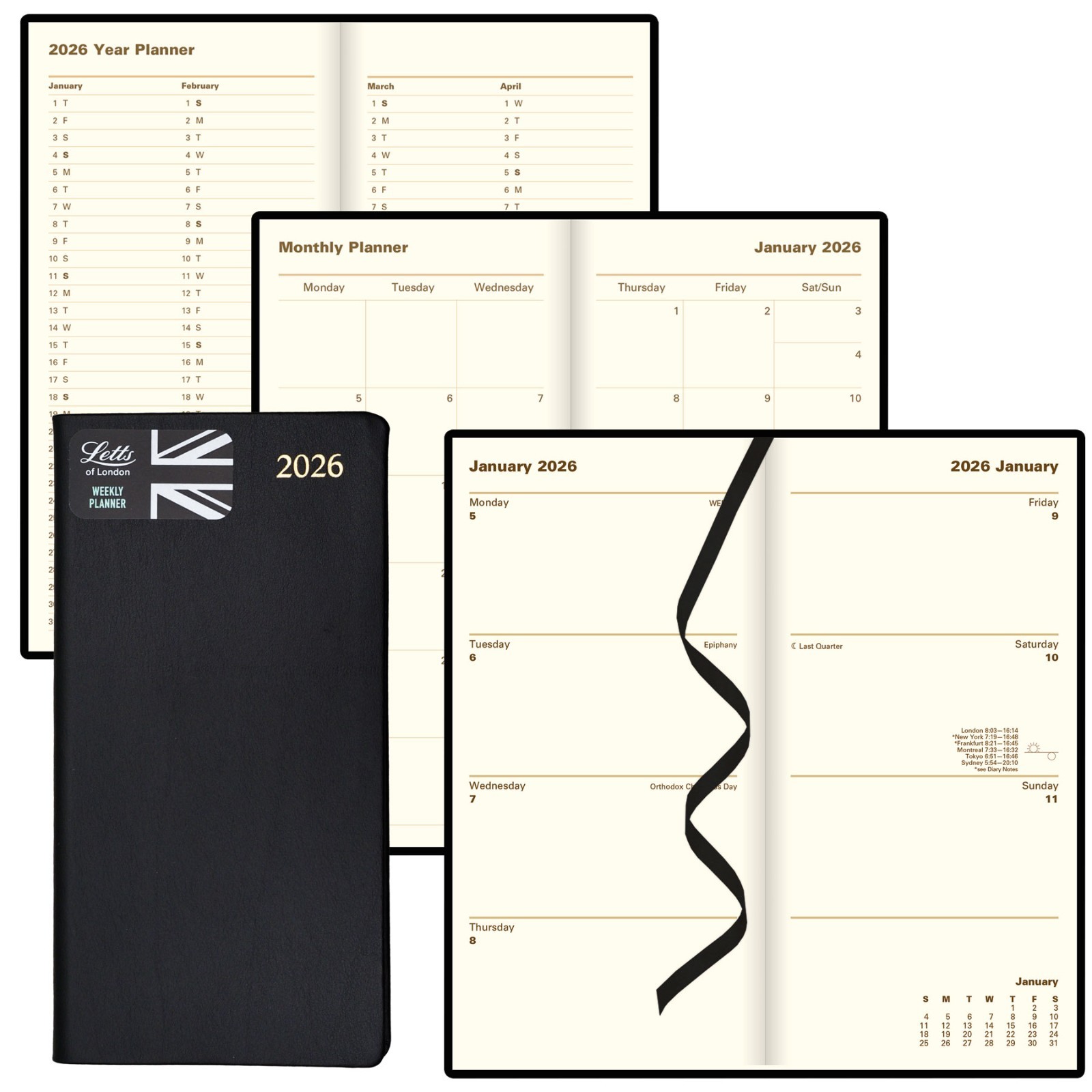 2026 Letts 38SU, C38SUBK Week to View Diary, Upright Format, 6-5/8 x 3-1/4″