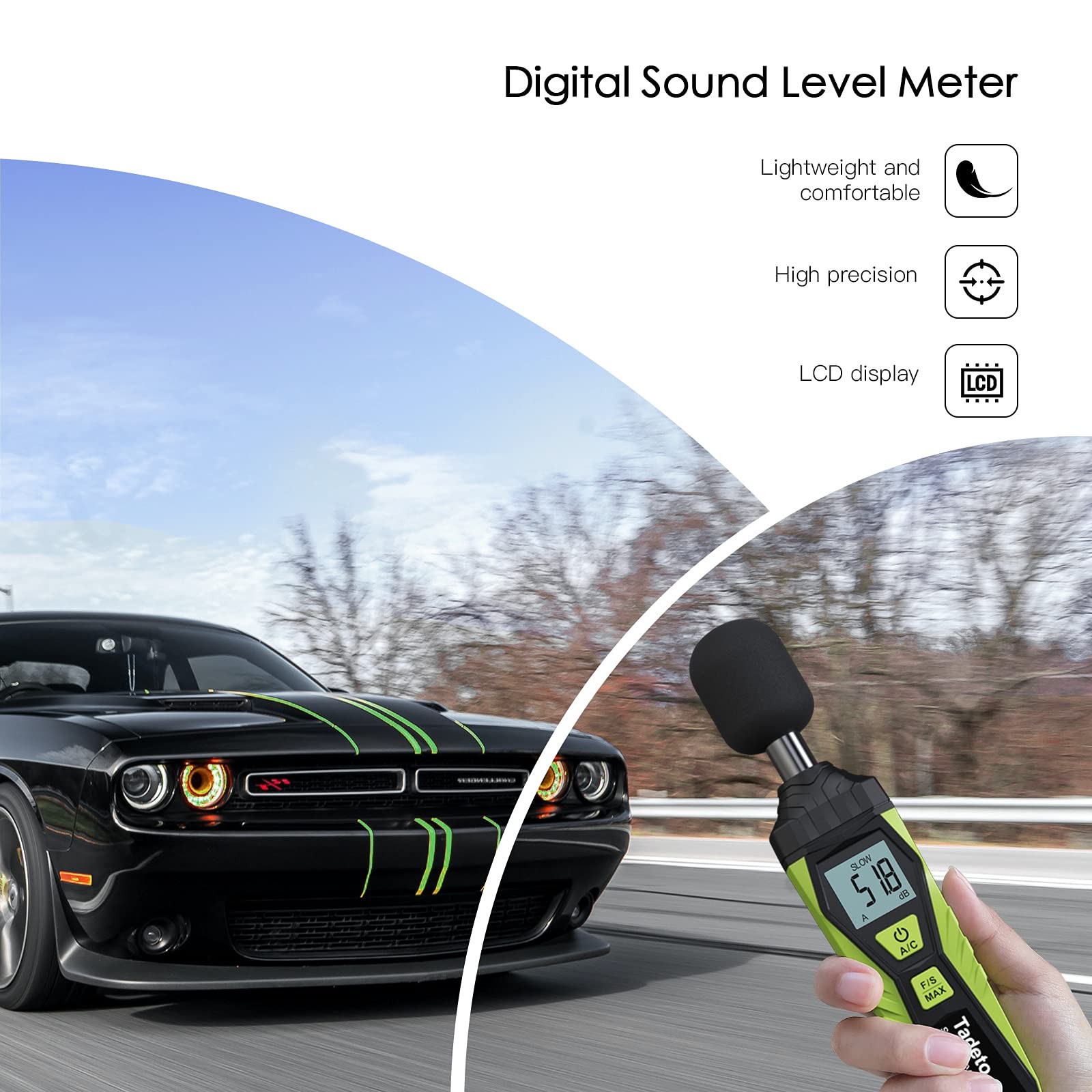 Digital Sound Level Meter 30-130dB SPL, LCD Backlight, A/C Weighted, Data Hold