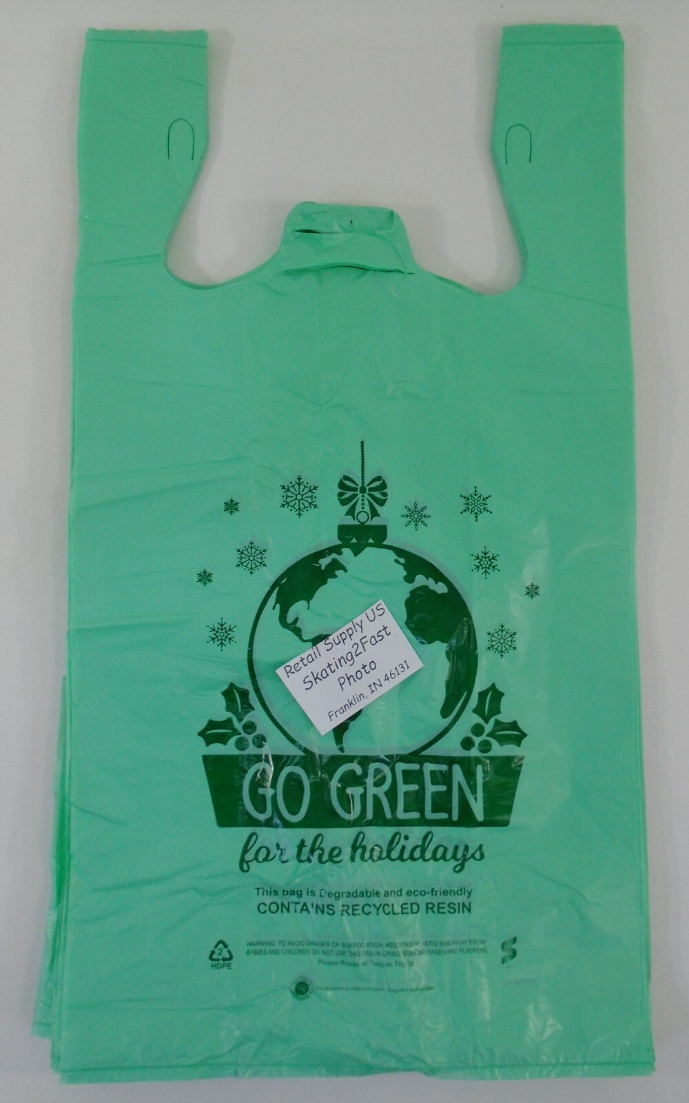 100 Qty. Go Green Holiday Degradable Plastic T-Shirt Bags Handles 11″x6″x21″